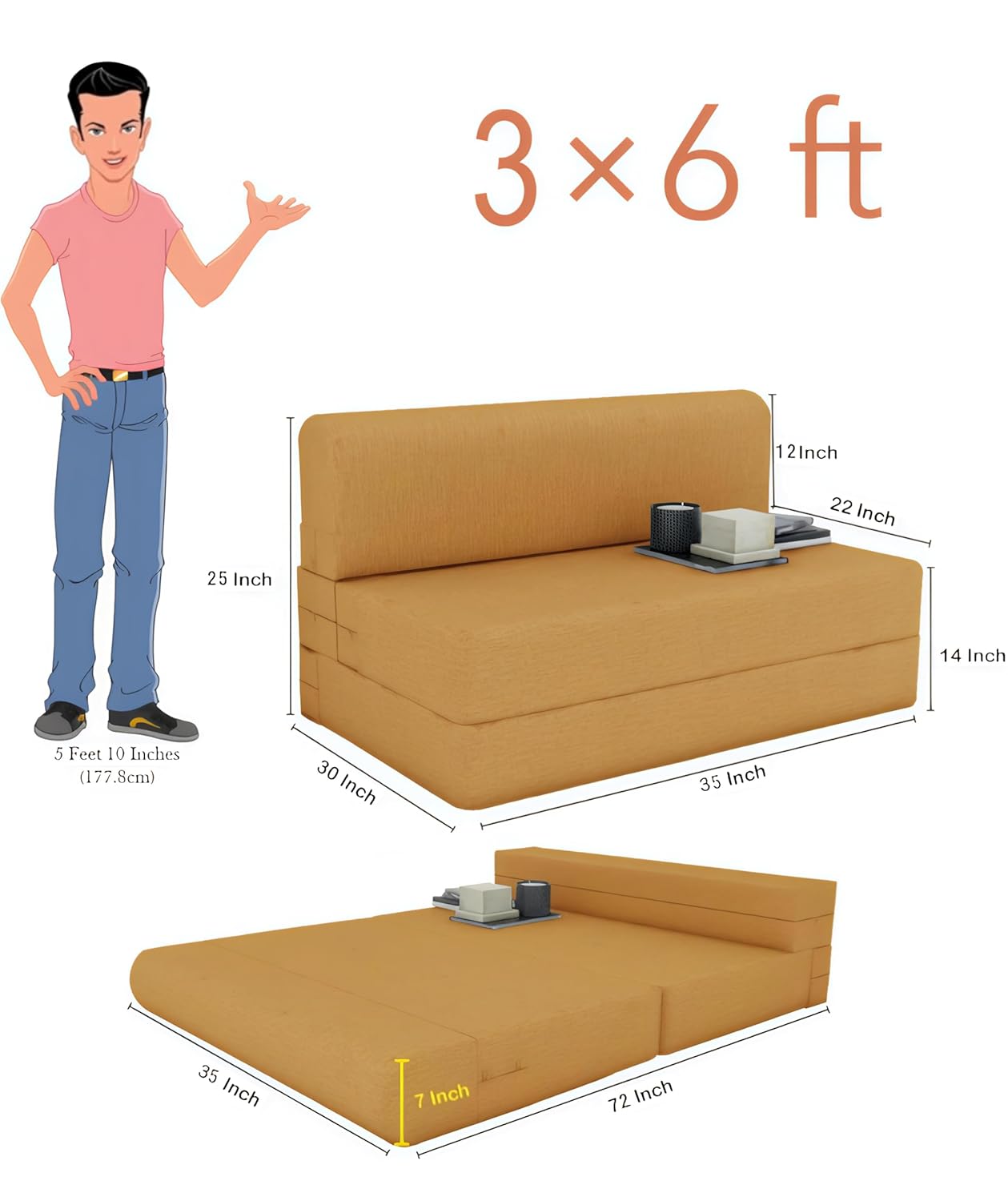 Sofa Cum Bed, 3x6 ft, Golden Colour, 7-inch Thick, Compact Design for Living Room - Image 4