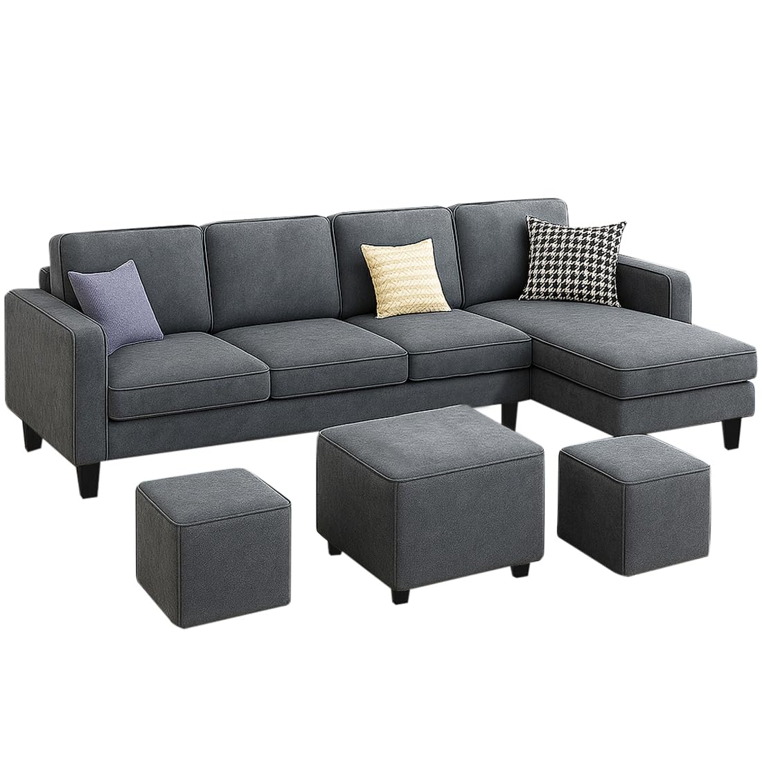 FURNY Arlo 8 Seater Fabric RHS L Shape Sofa Set with 1 Centre Table & 2 Puffy (Dark Grey) with Velvet Finish | Durable & Comfortable | Ideal for Living Room - Image 3