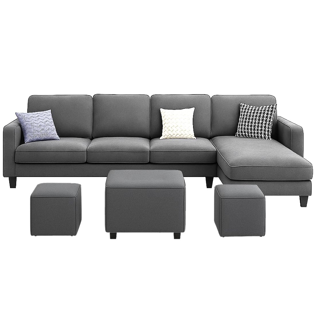FURNY Arlo 8 Seater Fabric RHS L Shape Sofa Set with 1 Centre Table & 2 Puffy (Dark Grey) with Velvet Finish | Durable & Comfortable | Ideal for Living Room - Image 4