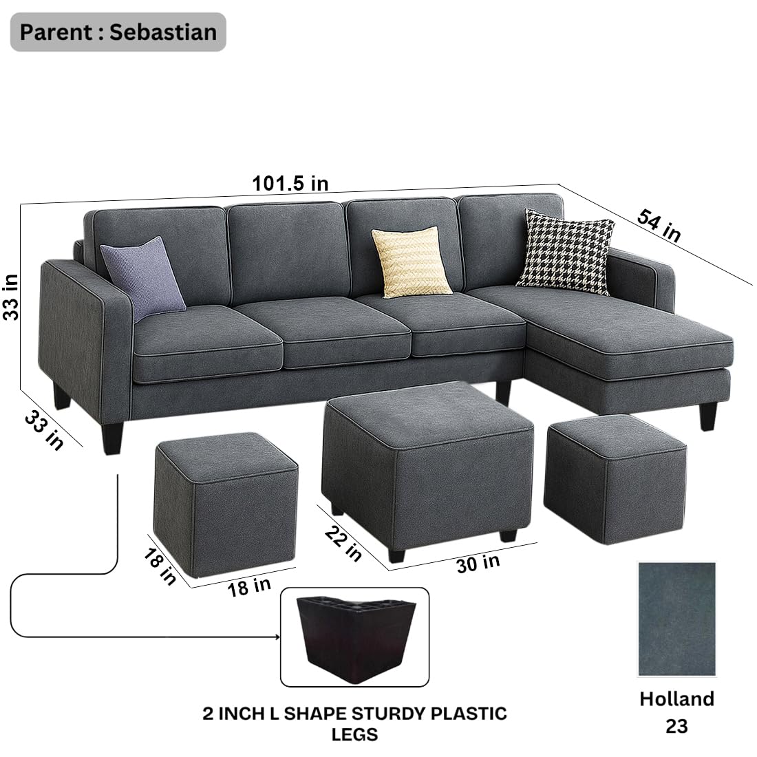 FURNY Arlo 8 Seater Fabric RHS L Shape Sofa Set with 1 Centre Table & 2 Puffy (Dark Grey) with Velvet Finish | Durable & Comfortable | Ideal for Living Room - Image 5