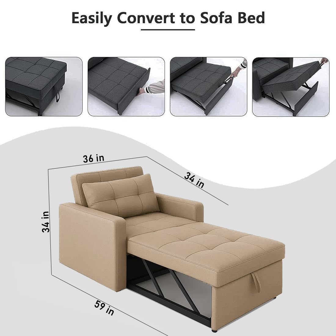Sleepify Tressia 1 Seater Pull-Out Premium Fabric Sofa Cum Bed Sofa Set for Living Room (Beige Fabric) - Image 3