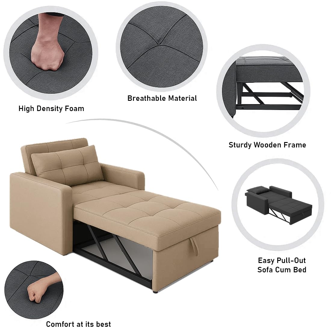 Sleepify Tressia 1 Seater Pull-Out Premium Fabric Sofa Cum Bed Sofa Set for Living Room (Beige Fabric) - Image 6