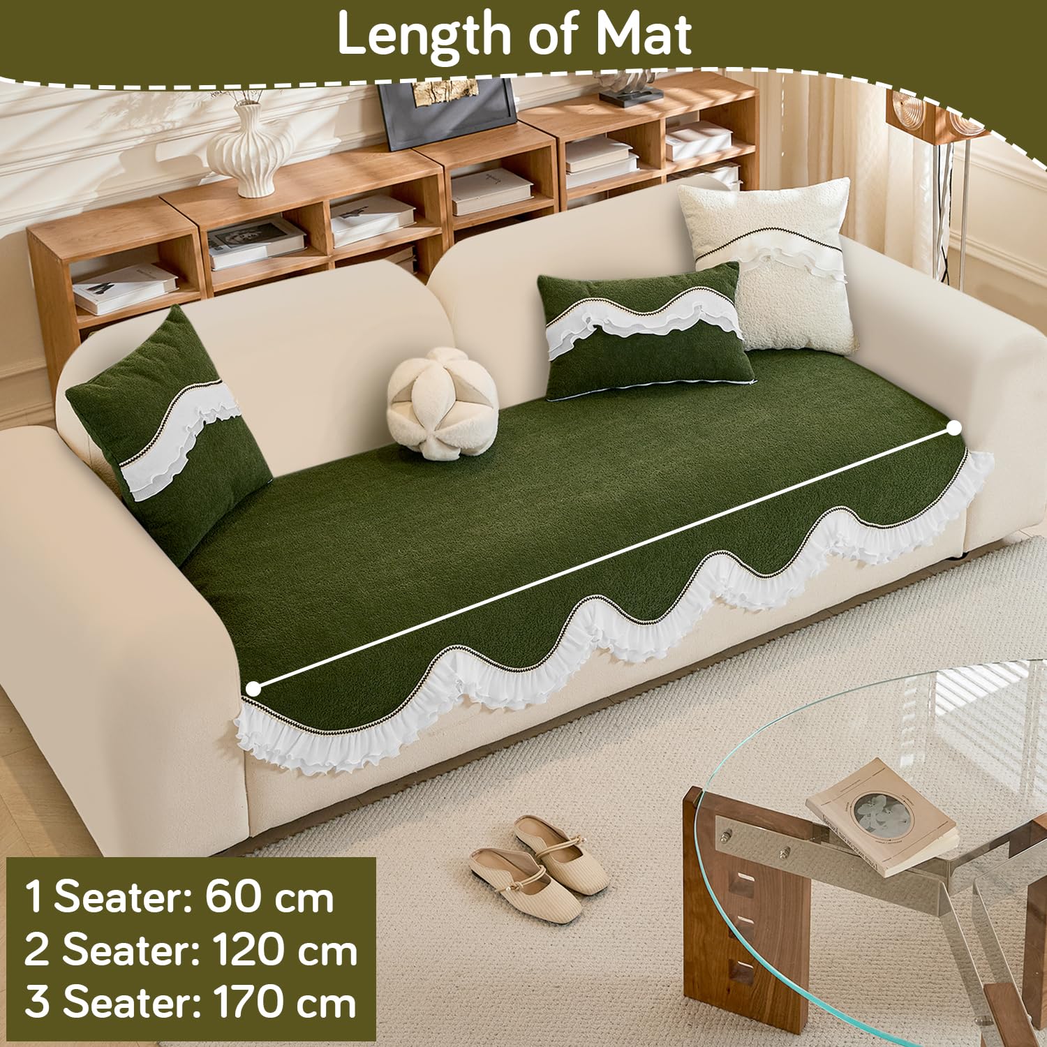 HOKIPO 'French Classic Frill' Wavy Sofa Cover Mat with Curve & Lace | Anti-Slip Sofa Cover Mat for 2 Seater Sofa | Elegant Slipcover, Dark Olive Green (AR-6140-GRN*1) - Image 4