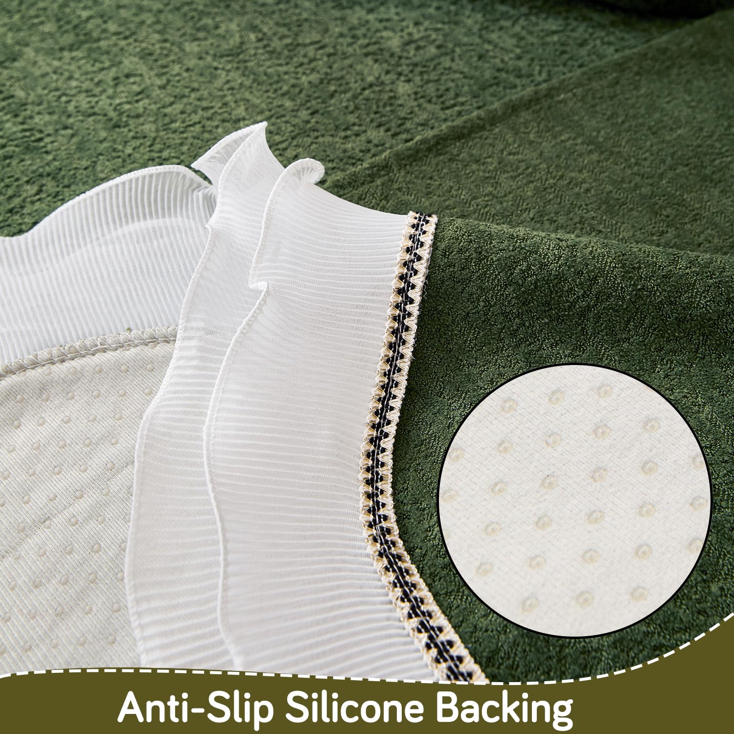 HOKIPO 'French Classic Frill' Wavy Sofa Cover Mat with Curve & Lace | Anti-Slip Sofa Cover Mat for 2 Seater Sofa | Elegant Slipcover, Dark Olive Green (AR-6140-GRN*1) - Image 6