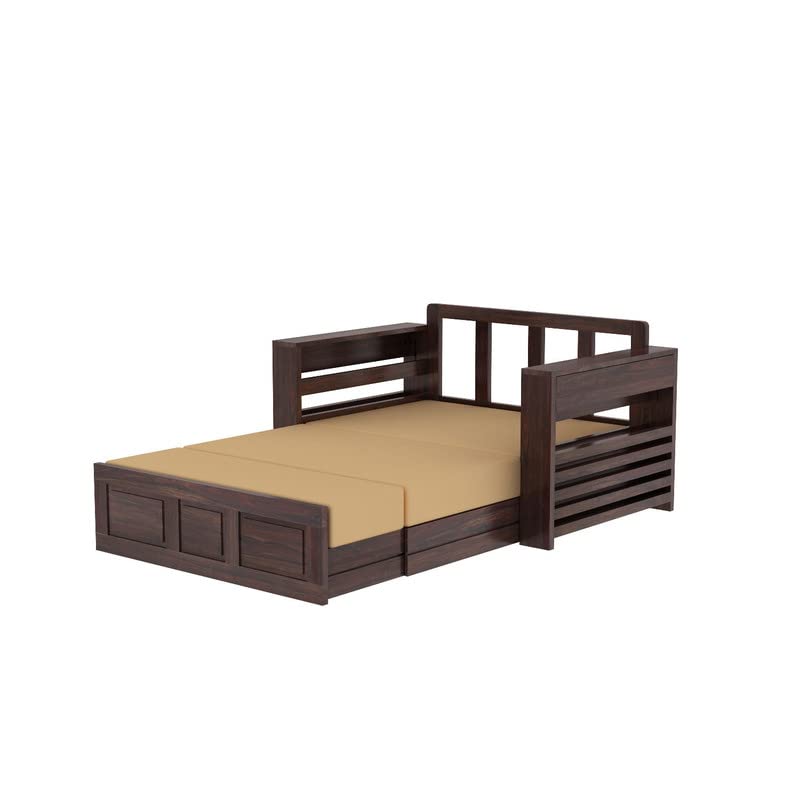 Solid Sheesham Wood 2 Seater Sofa Cum Bed with Side Pockets Multipurpose Decorative Furniture for Living Room Bedroom Home Office - Walnut Finish - Image 7