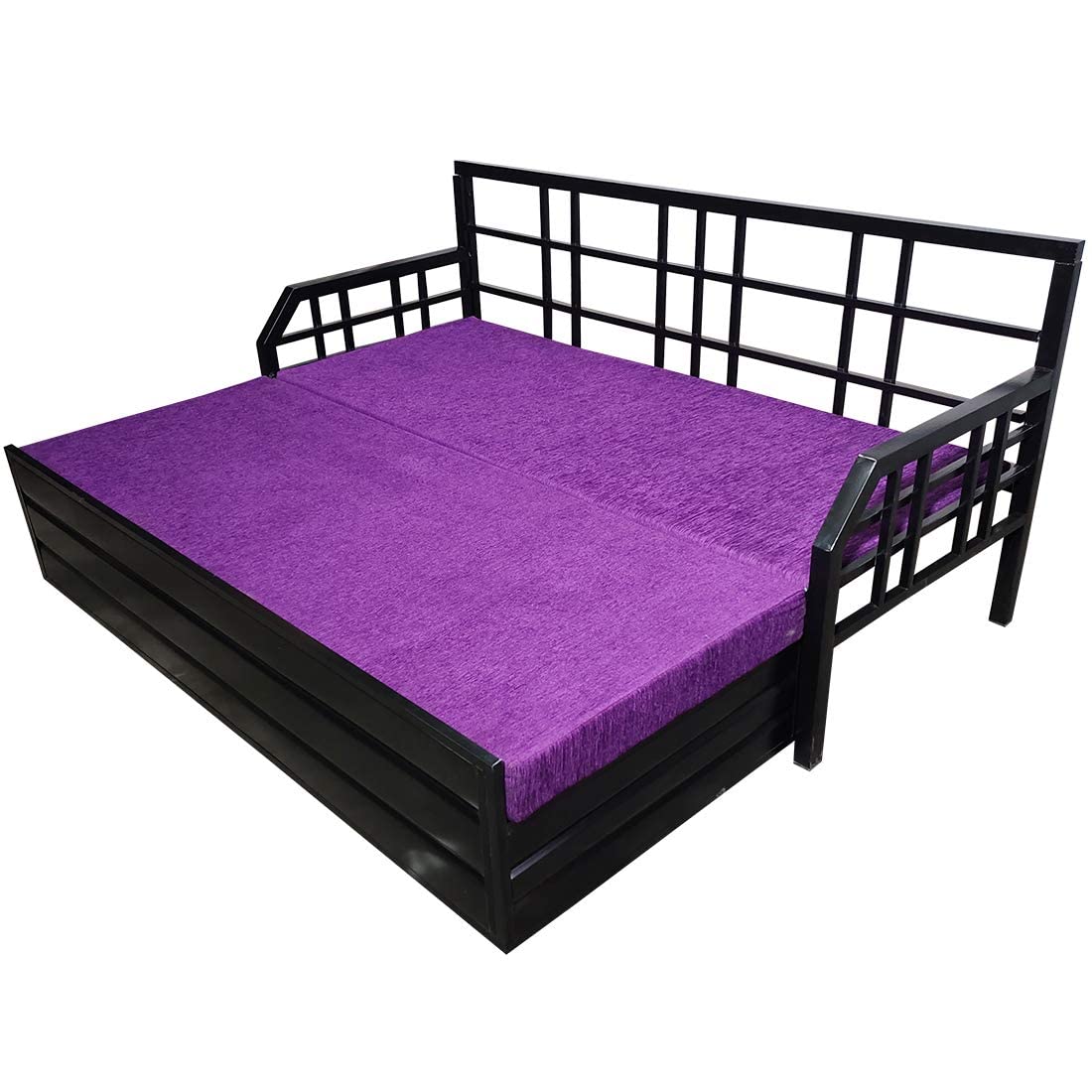Modern King Size Matte Black Metal Sofa Cum Bed with Hydraulic Storage - 3 Seater, Purple Finish (6X6) - Image 4