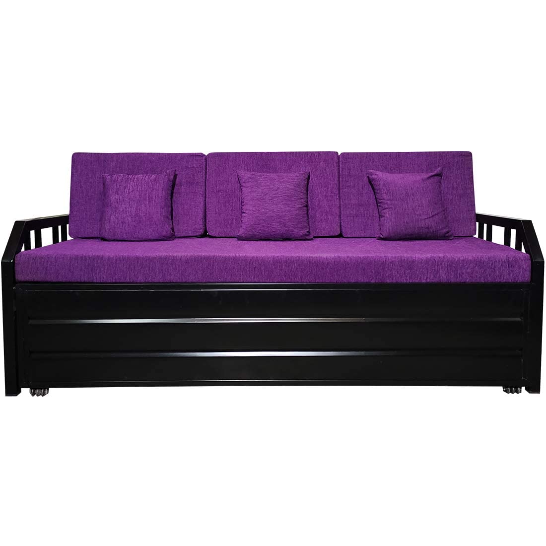Modern King Size Matte Black Metal Sofa Cum Bed with Hydraulic Storage - 3 Seater, Purple Finish (6X6) - Image 5