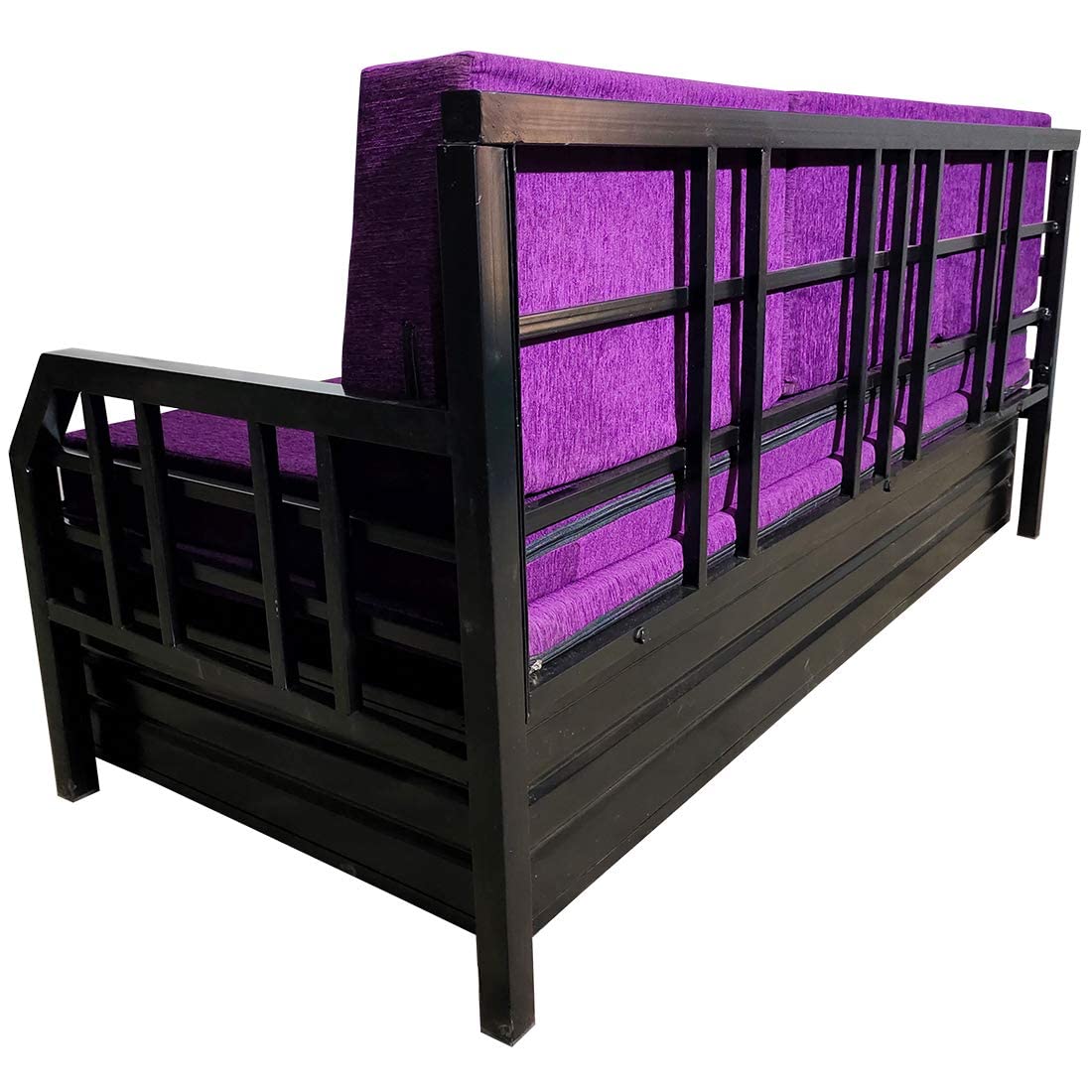 Modern King Size Matte Black Metal Sofa Cum Bed with Hydraulic Storage - 3 Seater, Purple Finish (6X6) - Image 6