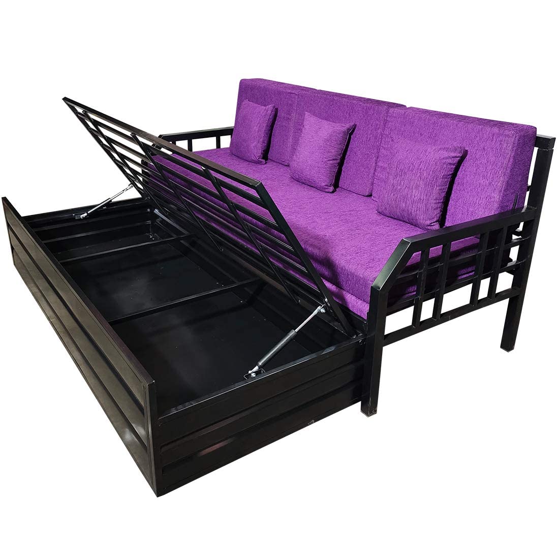 Modern King Size Matte Black Metal Sofa Cum Bed with Hydraulic Storage - 3 Seater, Purple Finish (6X6) - Image 7