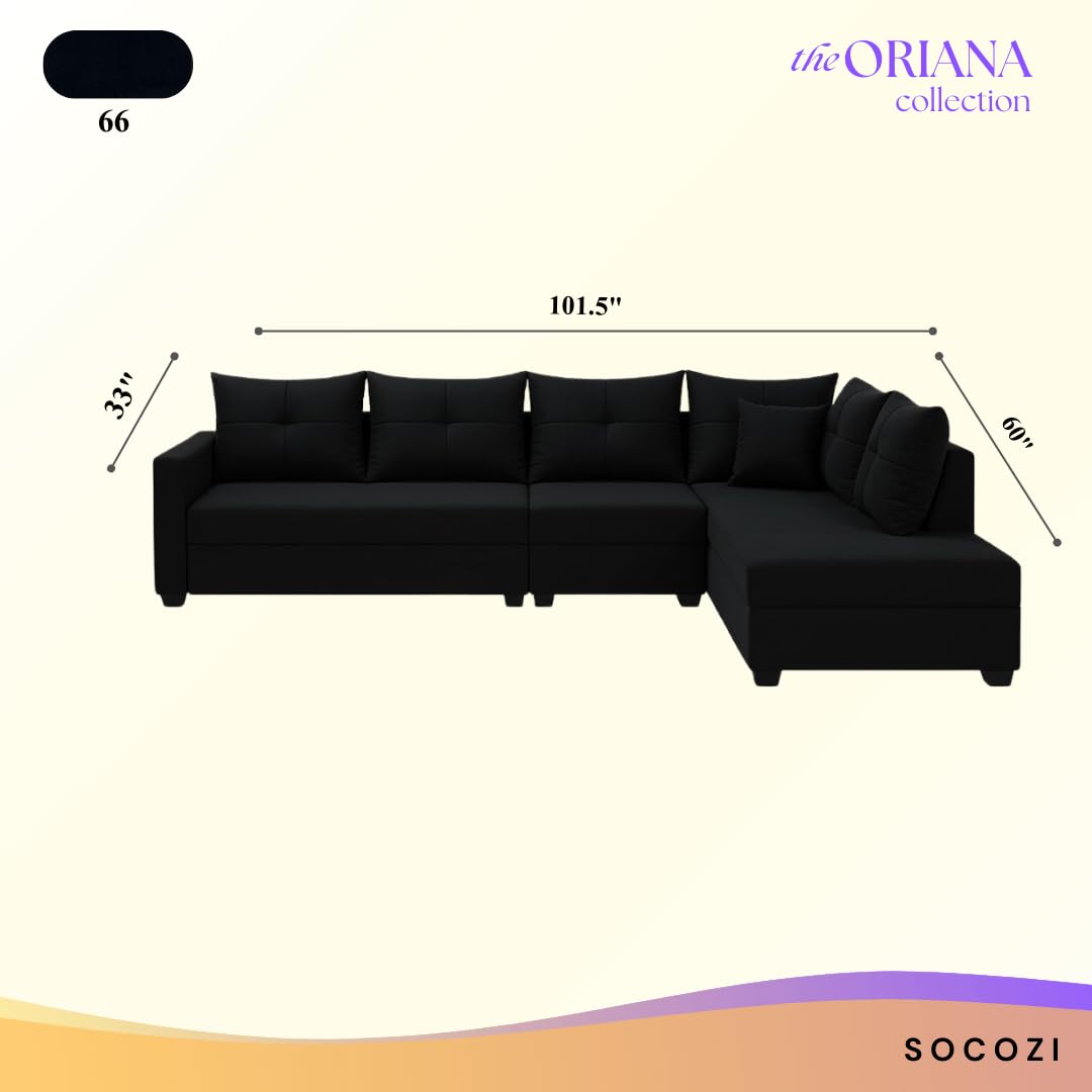 Oriana 6 Seater RHS L Shape Sofa Set | Soft Velvet Suede Fabric | Modern Design | Plush Comfort Cushions for Living Room (Black) - Image 3