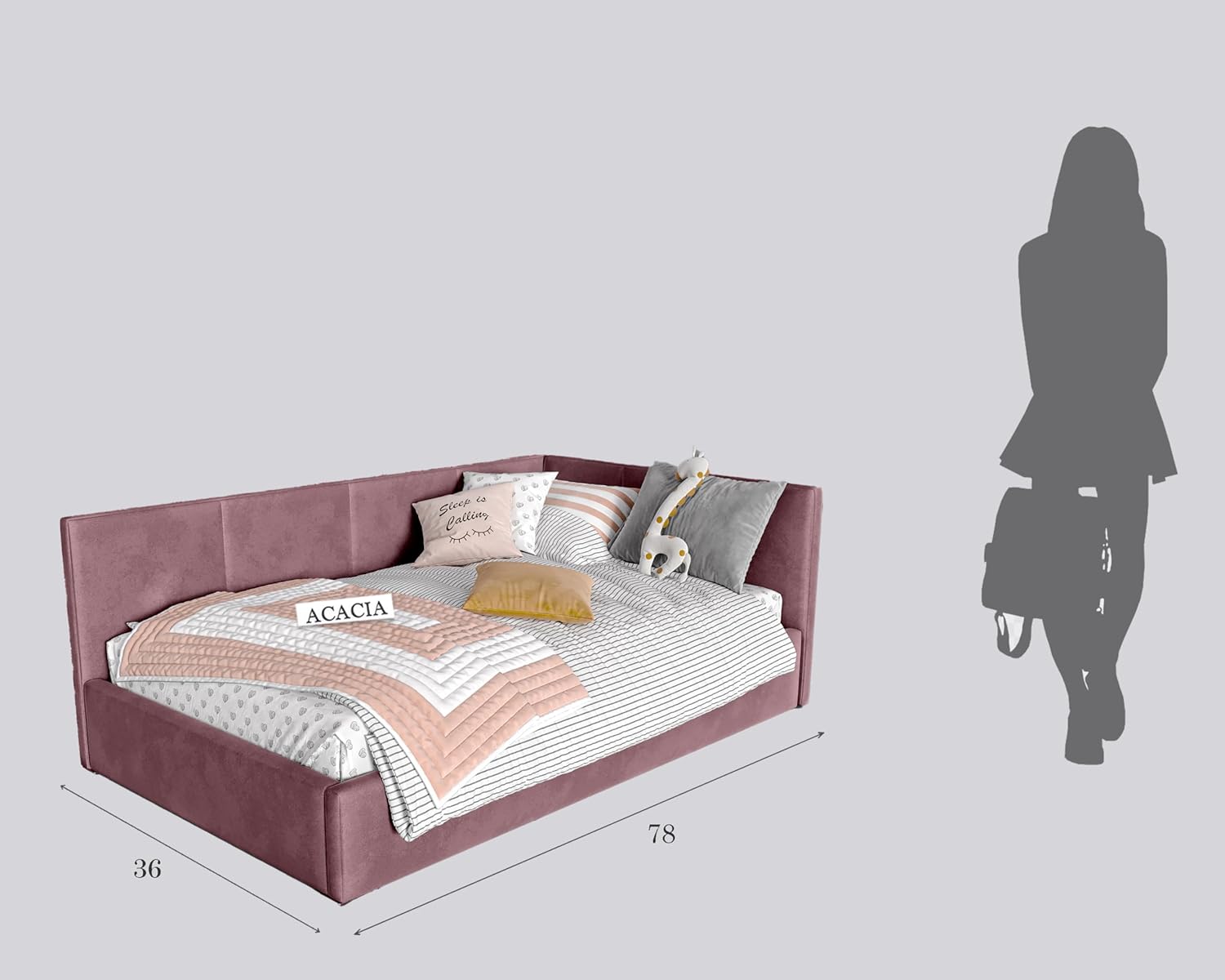 Acacia Modern Upholstered Single Size Bed for Bedroom | Wooden Sofa Cum Bed | Platform Cot Corner Bed with Upholstery Premium Fabric | Sheesham Solid Wood (Rosewood, Mauve Pink) - Image 3