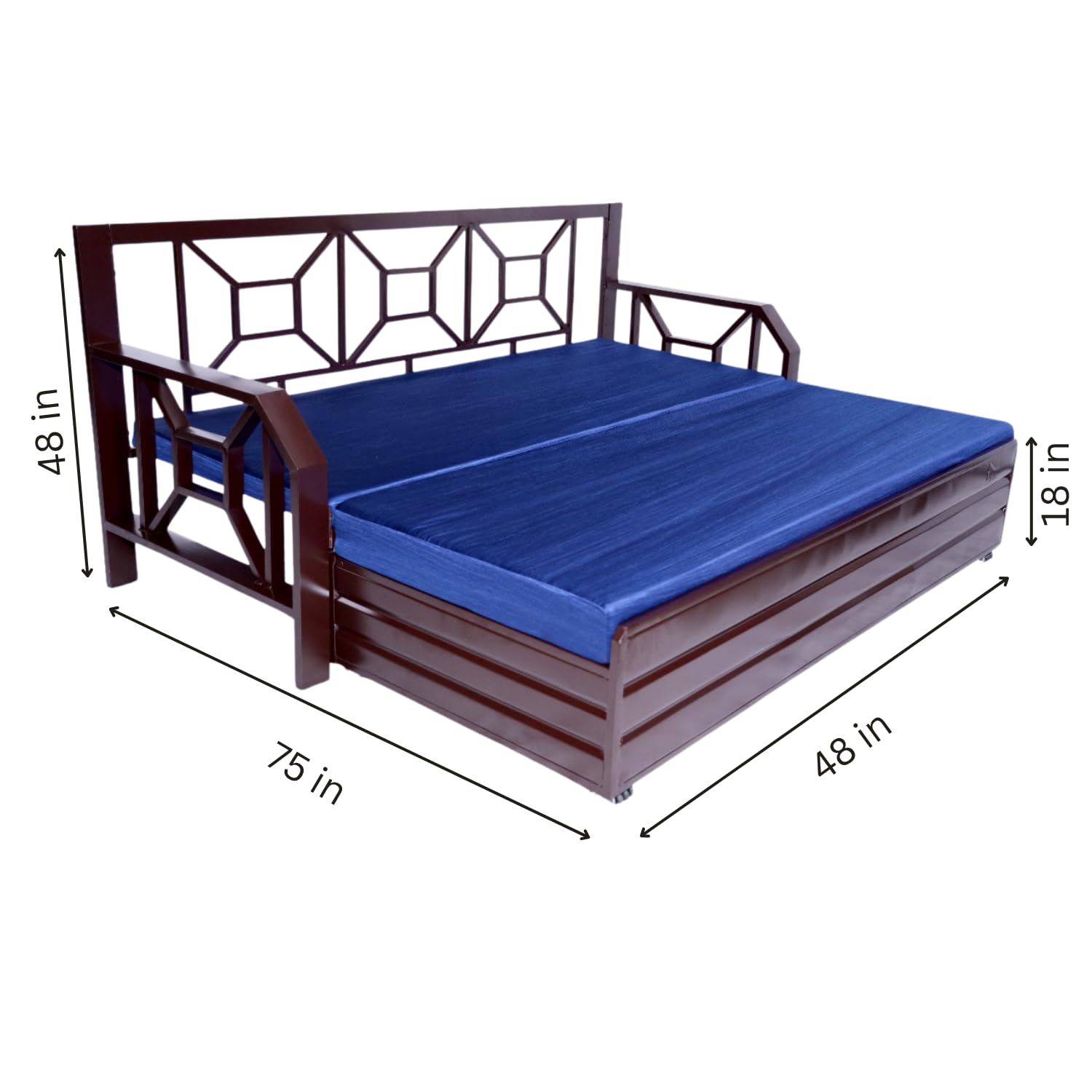 Single Size Metal Sofa Cum Bed | 3-Seater Pull-Out Convertible Sofa Bed with Blue Cushions & Pillows | Matte Brown Finish | Space-Saving & Durable (75x48 Inch) - Image 3
