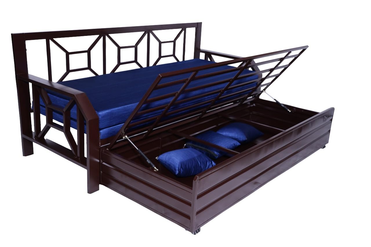 Single Size Metal Sofa Cum Bed | 3-Seater Pull-Out Convertible Sofa Bed with Blue Cushions & Pillows | Matte Brown Finish | Space-Saving & Durable (75x48 Inch) - Image 4