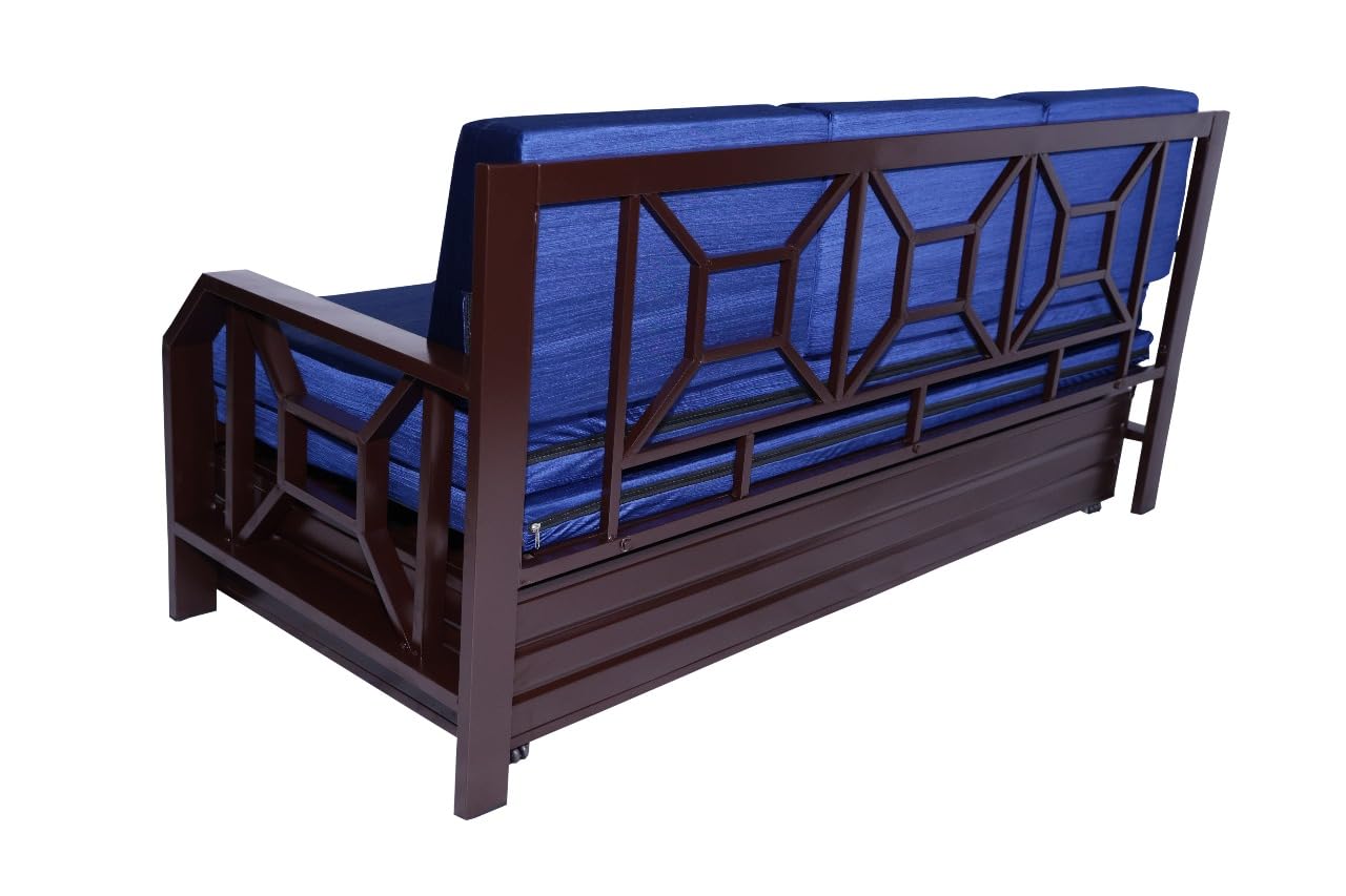 Single Size Metal Sofa Cum Bed | 3-Seater Pull-Out Convertible Sofa Bed with Blue Cushions & Pillows | Matte Brown Finish | Space-Saving & Durable (75x48 Inch) - Image 5