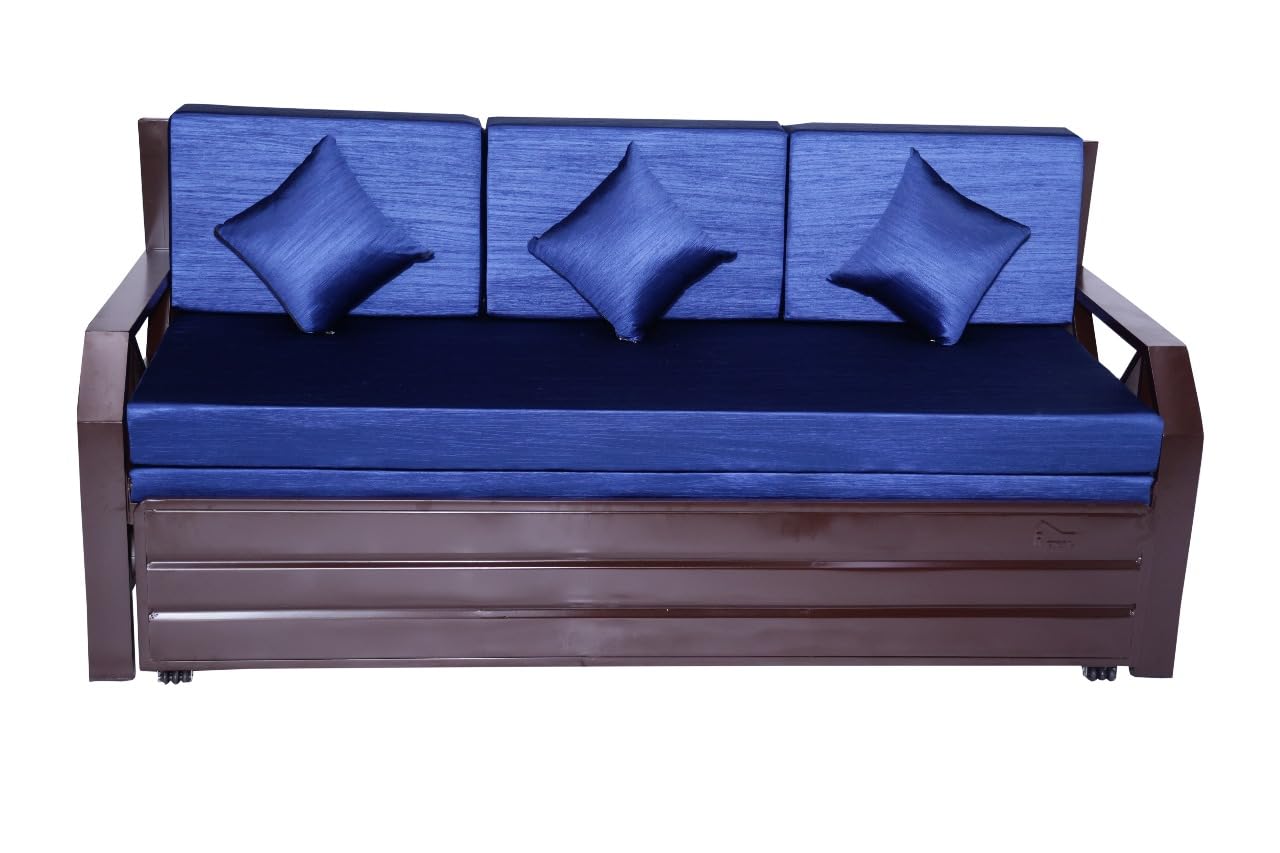 Single Size Metal Sofa Cum Bed | 3-Seater Pull-Out Convertible Sofa Bed with Blue Cushions & Pillows | Matte Brown Finish | Space-Saving & Durable (75x48 Inch) - Image 6