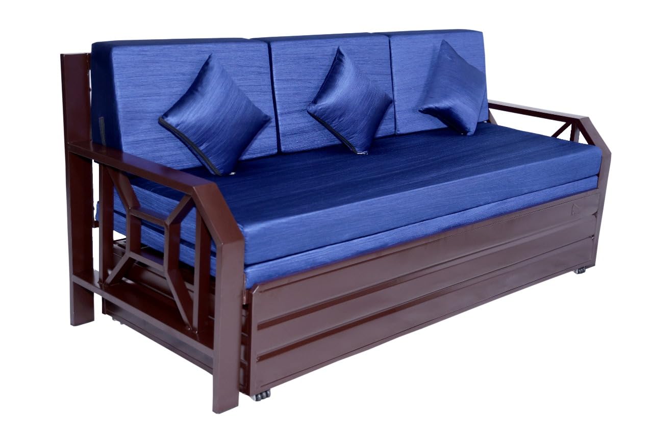 Single Size Metal Sofa Cum Bed | 3-Seater Pull-Out Convertible Sofa Bed with Blue Cushions & Pillows | Matte Brown Finish | Space-Saving & Durable (75x48 Inch) - Image 7