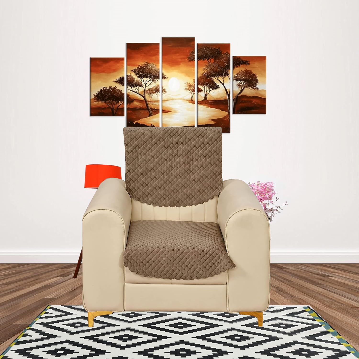 Velvet Self Design Quilted Sofa Chair Cover 1 Seater Glessy Brown - Image 3