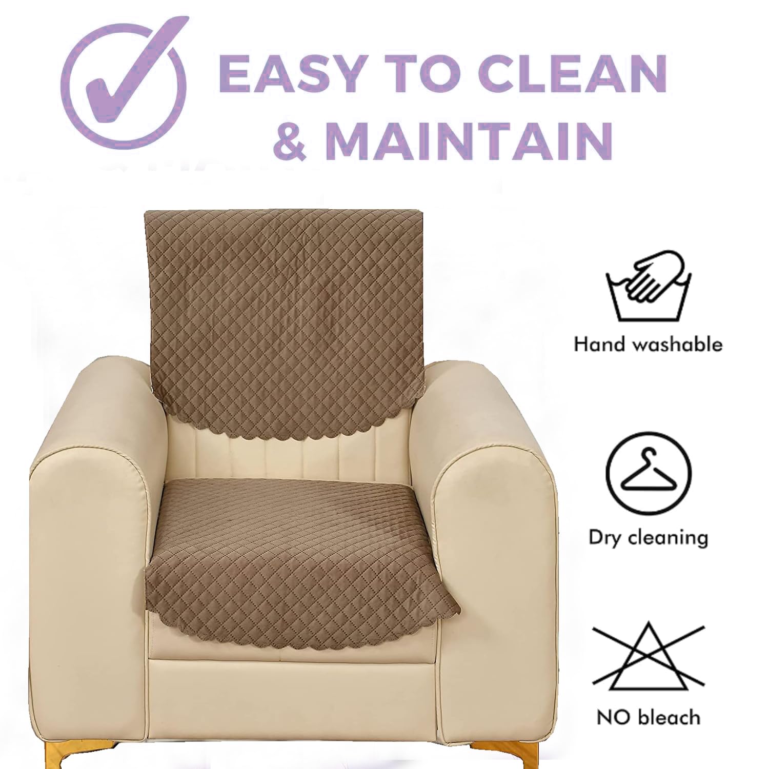 Velvet Self Design Quilted Sofa Chair Cover 1 Seater Glessy Brown - Image 4