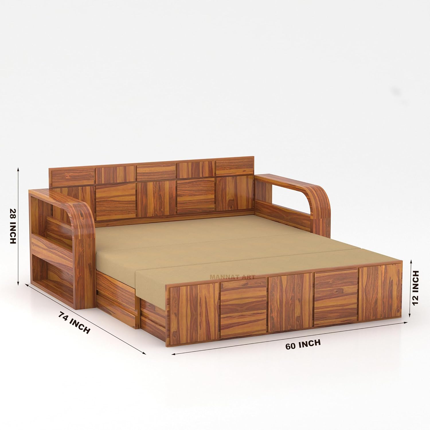 Sheesham Wooden Sofa Cum Bed for Living Room with Side Pocket Storage - 3 Seater Sofa Cum Bed with Storage - 3 Person Sofa Bed Wooden Furniture with Cushion Seating (Honey) - Image 3