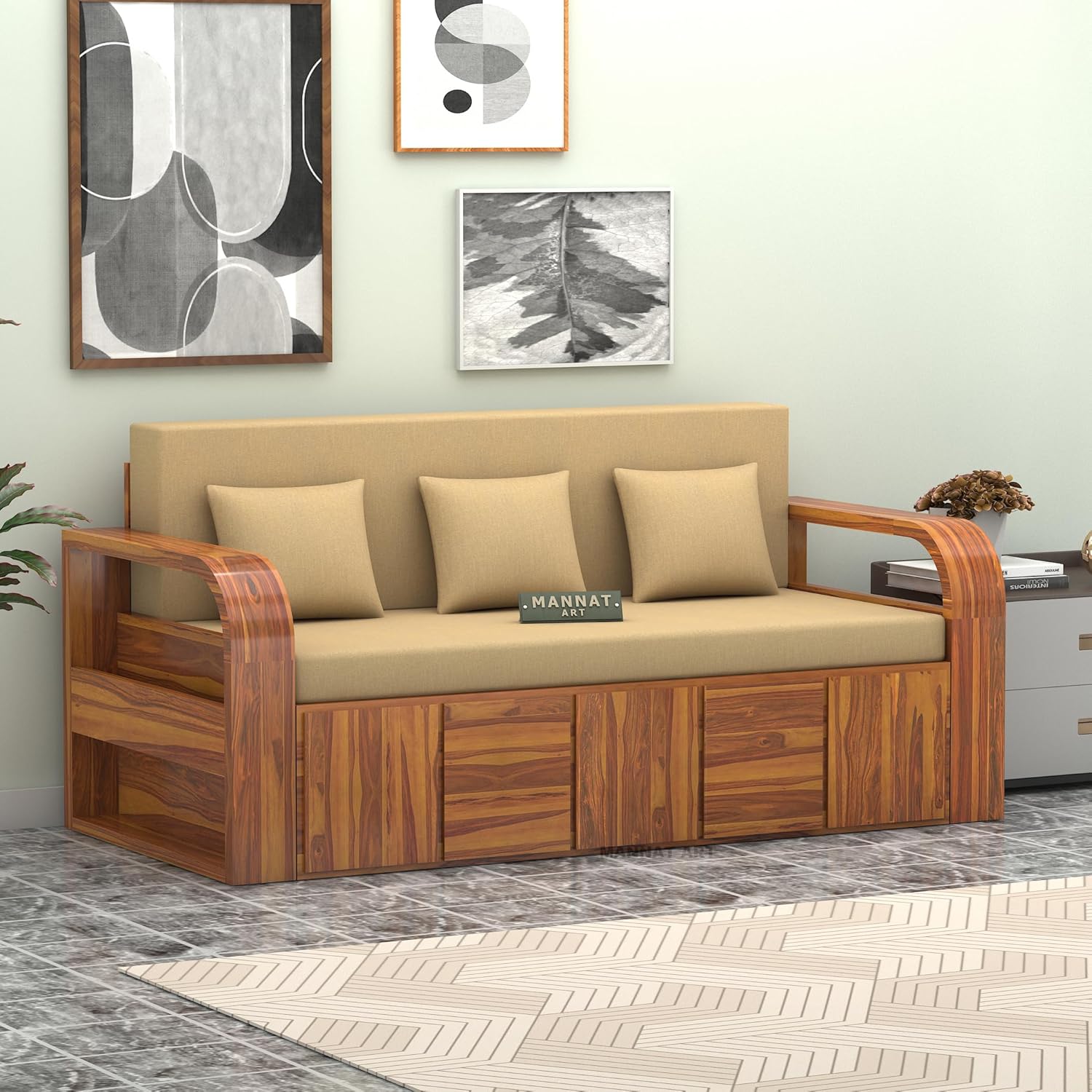 Sheesham Wooden Sofa Cum Bed for Living Room with Side Pocket Storage - 3 Seater Sofa Cum Bed with Storage - 3 Person Sofa Bed Wooden Furniture with Cushion Seating (Honey) - Image 4