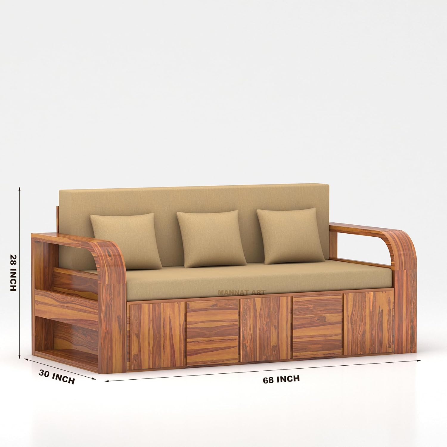 Sheesham Wooden Sofa Cum Bed for Living Room with Side Pocket Storage - 3 Seater Sofa Cum Bed with Storage - 3 Person Sofa Bed Wooden Furniture with Cushion Seating (Honey) - Image 5