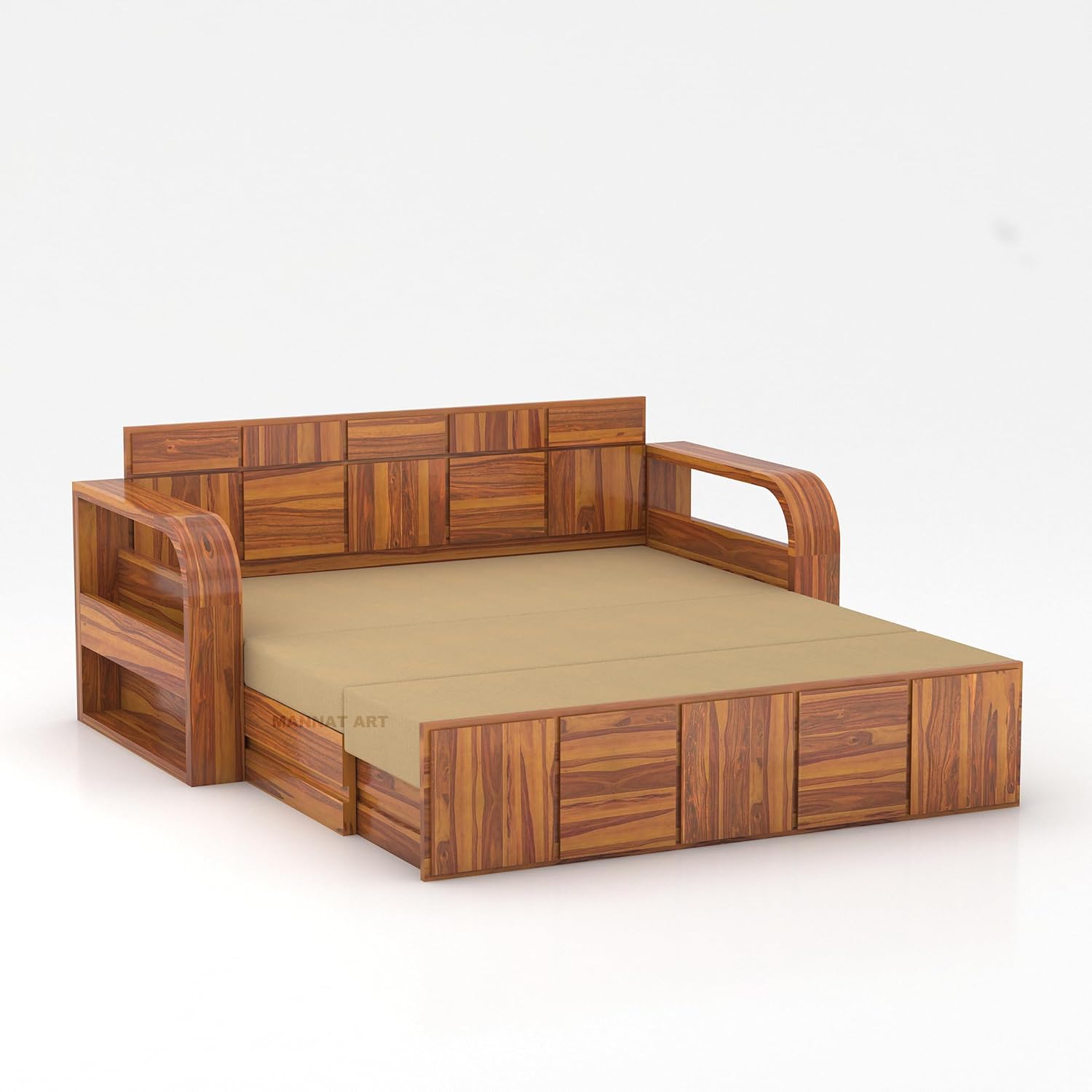 Sheesham Wooden Sofa Cum Bed for Living Room with Side Pocket Storage - 3 Seater Sofa Cum Bed with Storage - 3 Person Sofa Bed Wooden Furniture with Cushion Seating (Honey) - Image 6