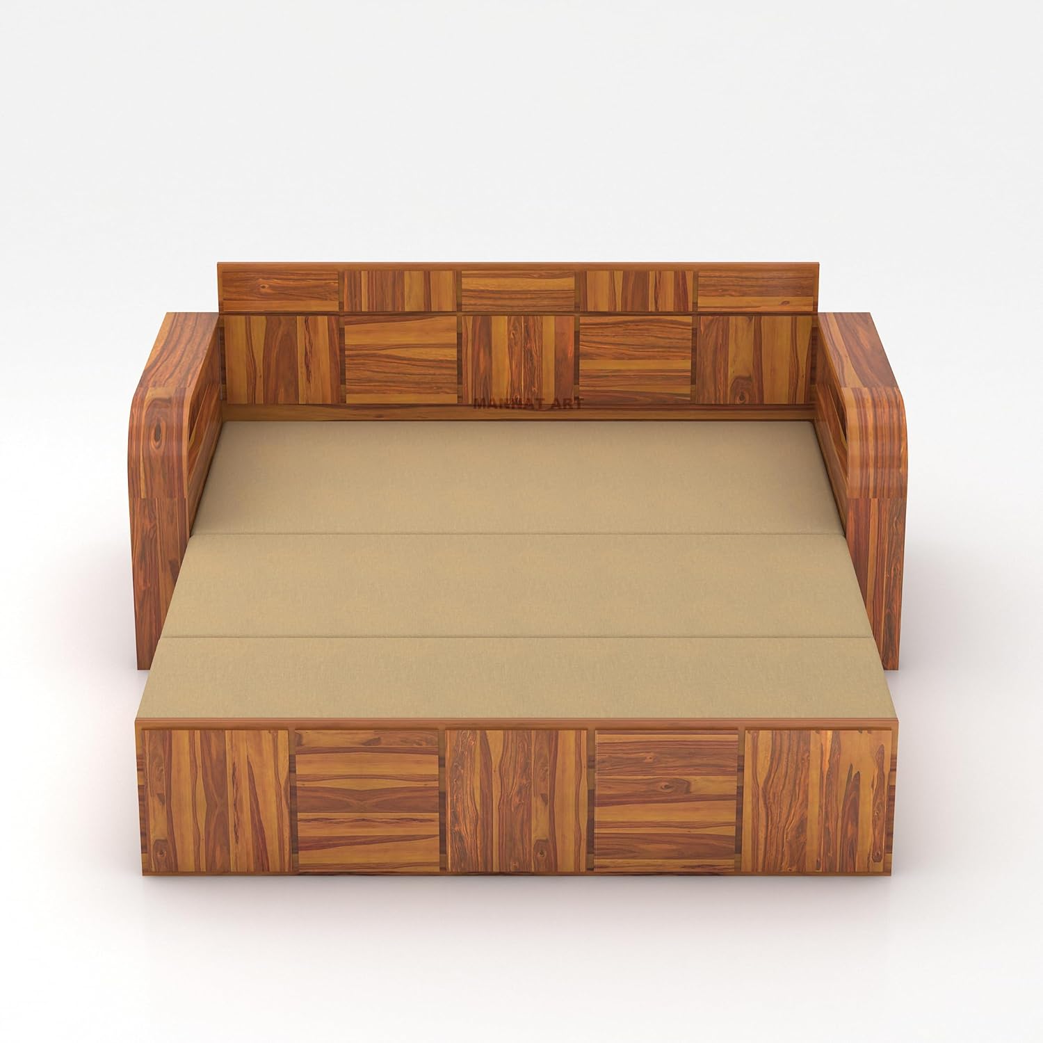 Sheesham Wooden Sofa Cum Bed for Living Room with Side Pocket Storage - 3 Seater Sofa Cum Bed with Storage - 3 Person Sofa Bed Wooden Furniture with Cushion Seating (Honey) - Image 7