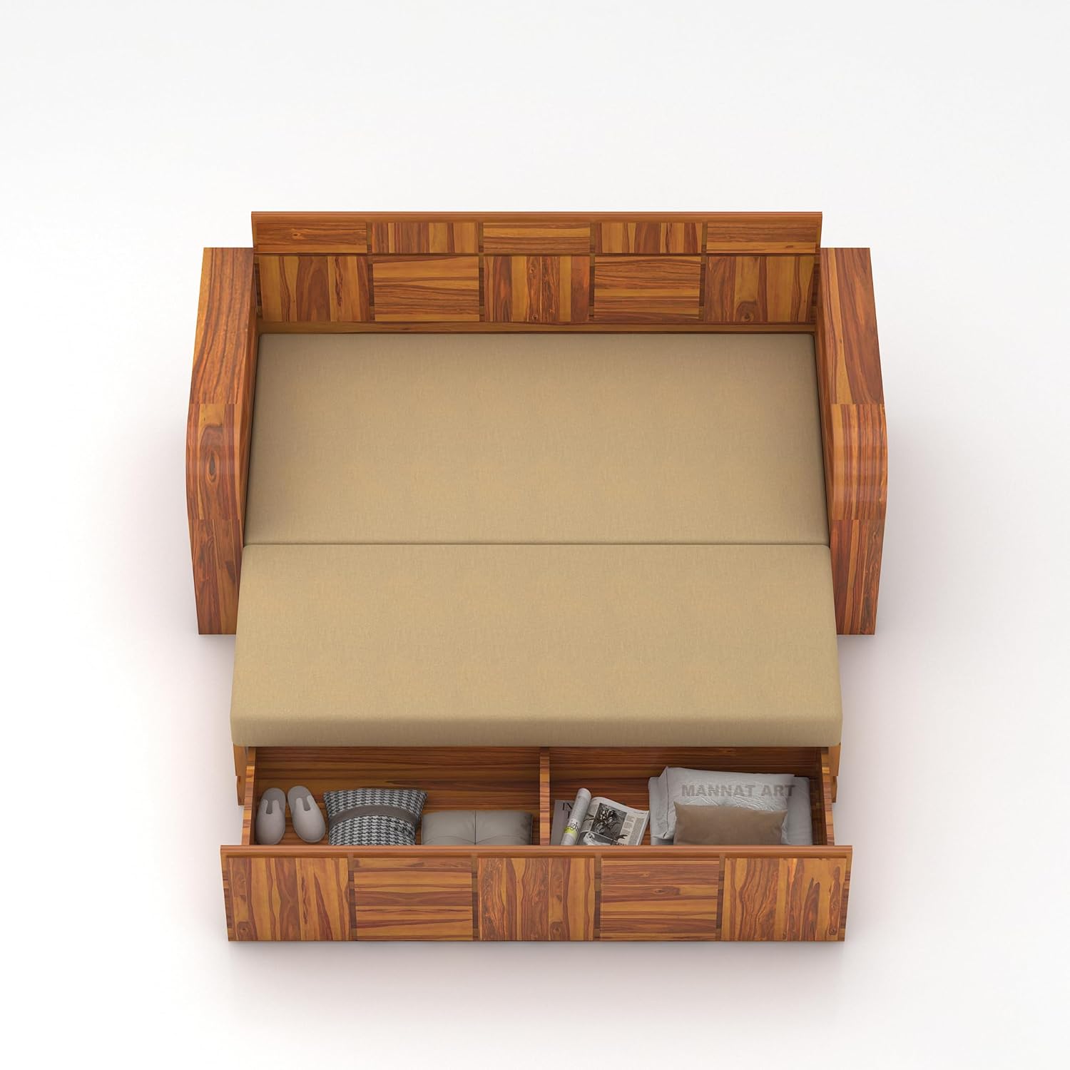 Sheesham Wooden Sofa Cum Bed for Living Room with Side Pocket Storage - 3 Seater Sofa Cum Bed with Storage - 3 Person Sofa Bed Wooden Furniture with Cushion Seating (Honey) - Image 8