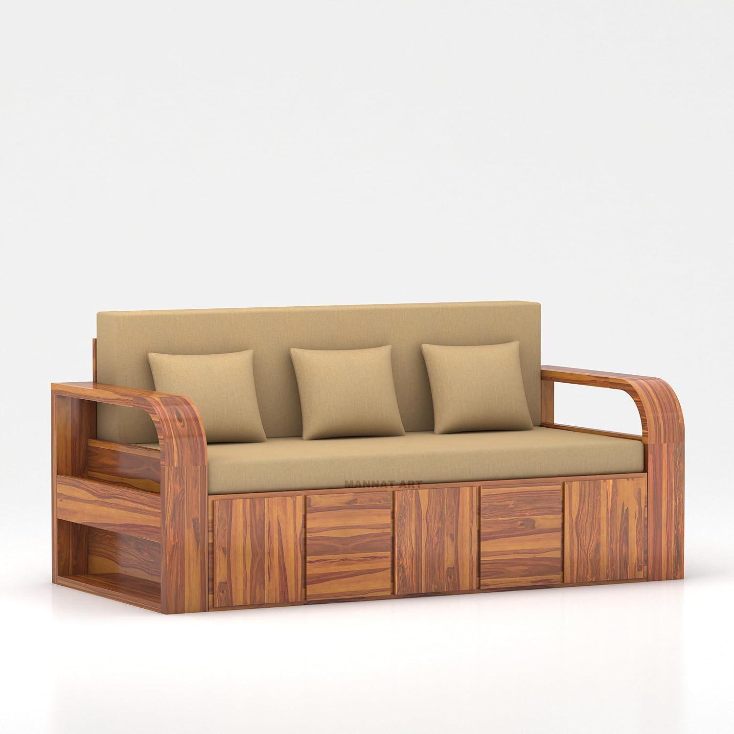 Sheesham Wooden Sofa Cum Bed for Living Room with Side Pocket Storage - 3 Seater Sofa Cum Bed with Storage - 3 Person Sofa Bed Wooden Furniture with Cushion Seating (Honey) - Image 9