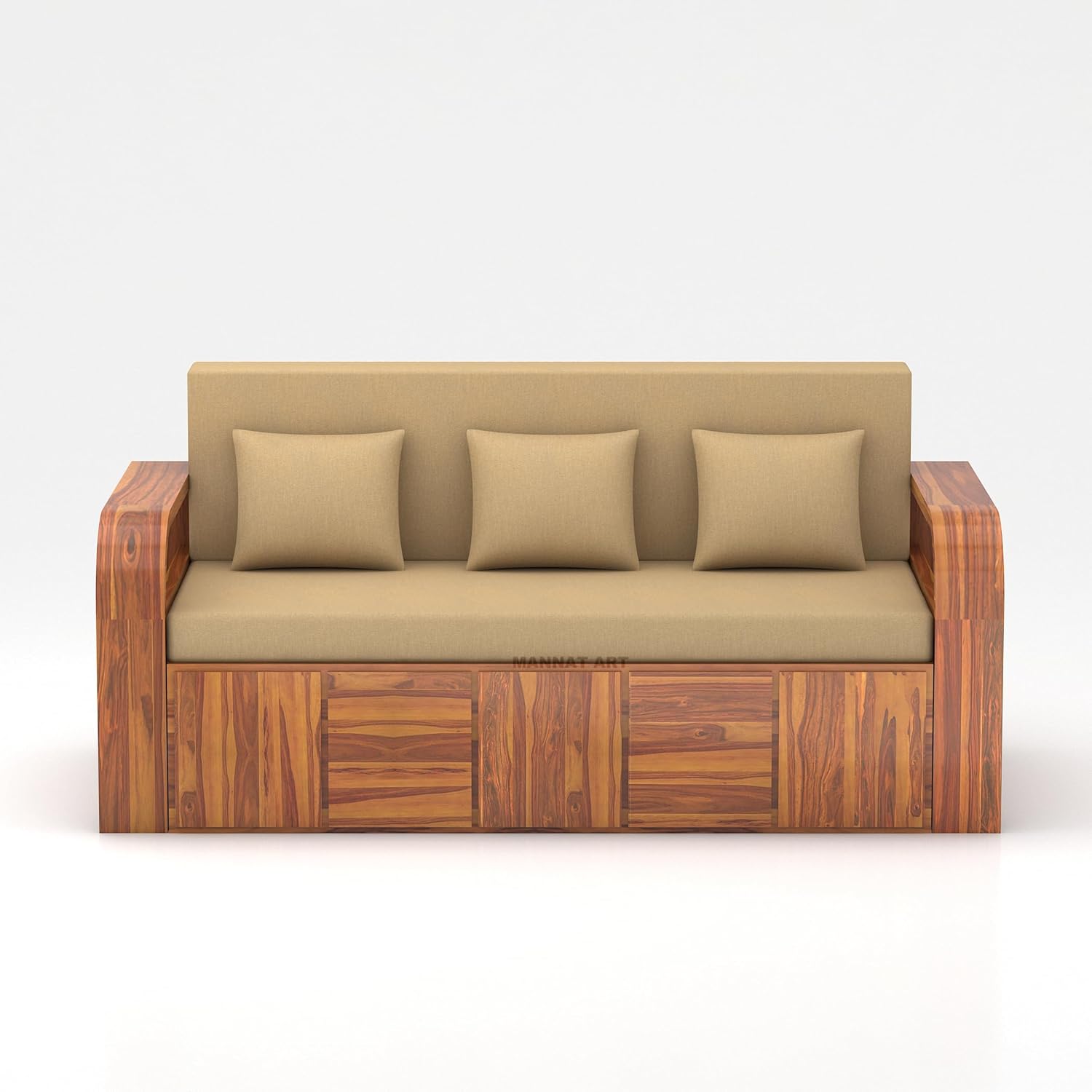 Sheesham Wooden Sofa Cum Bed for Living Room with Side Pocket Storage - 3 Seater Sofa Cum Bed with Storage - 3 Person Sofa Bed Wooden Furniture with Cushion Seating (Honey) - Image 10