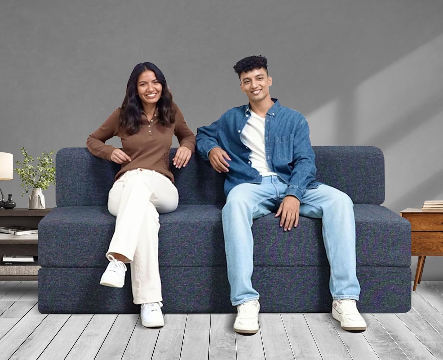 uberlyfe Xtra Long 4-Seater Sofa Cum Bed | 1-Year Warranty | King Mattress, Sofacum Bed for Tall People | 15" Sofa Height |2 Zigzag Pattern Cushions | Jute Finish Fabric, Dark Grey | 6' X 6.5' Feet - Image 4