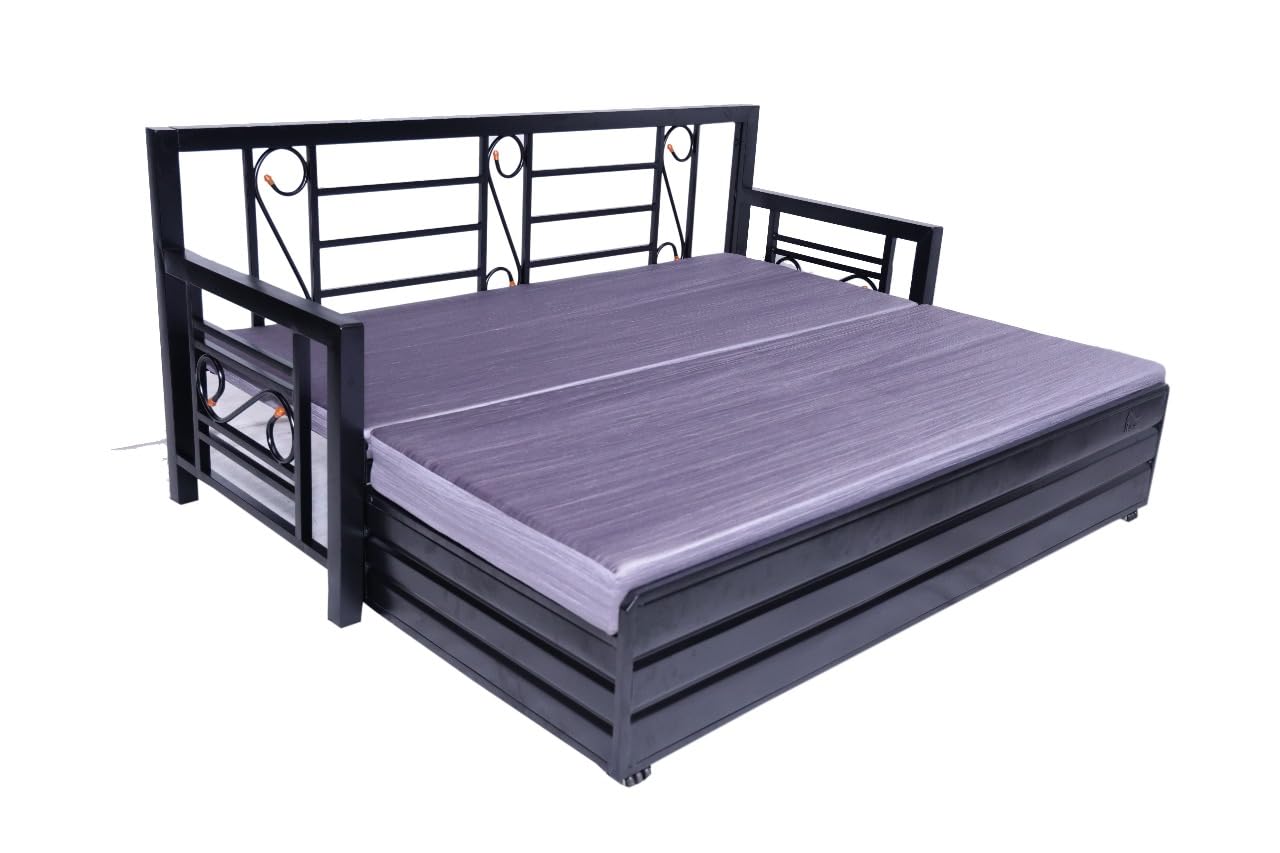 Queen Size Metal Sofa Cum Bed | Convertible 3-Seater with Foldable Design & Cushion Mattress | Matte Black Frame, Grey Fabric | Durable & Space-Saving (75x60 Inch) - Image 3