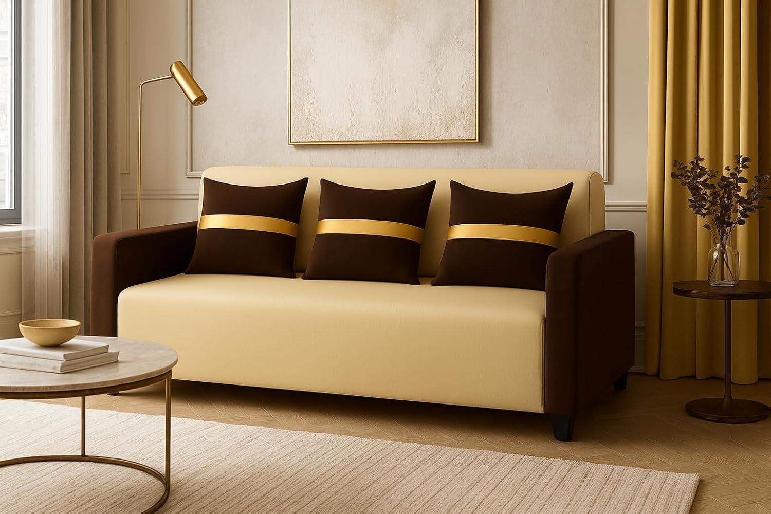 Liviro 3 Seater Sofa Set | Soft Velvet Suede Fabric | Modern Design | Plush Comfort Cushions for Living Room (Dual Cream-Brown) - Image 5