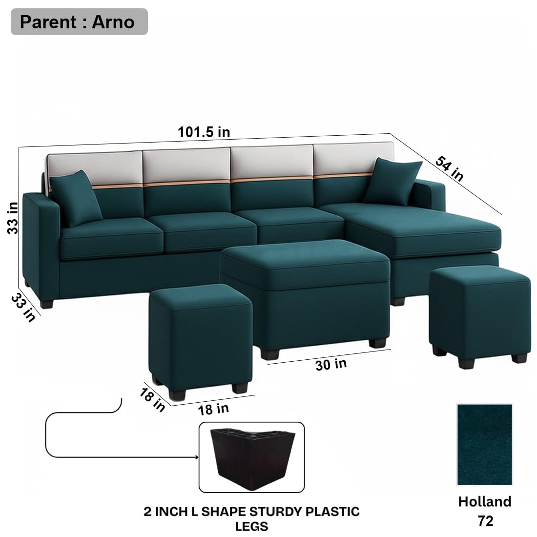 FURNY Arnoy 8 Seater Fabric RHS L Shape Sofa Set with 1 Centre Table & 2 Puffy (Greenish Teal) Premium Velvet Finish | Durable & Comfortable | Ideal for Living Room - Image 3