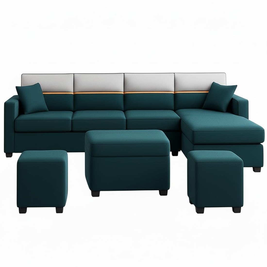 FURNY Arnoy 8 Seater Fabric RHS L Shape Sofa Set with 1 Centre Table & 2 Puffy (Greenish Teal) Premium Velvet Finish | Durable & Comfortable | Ideal for Living Room - Image 4
