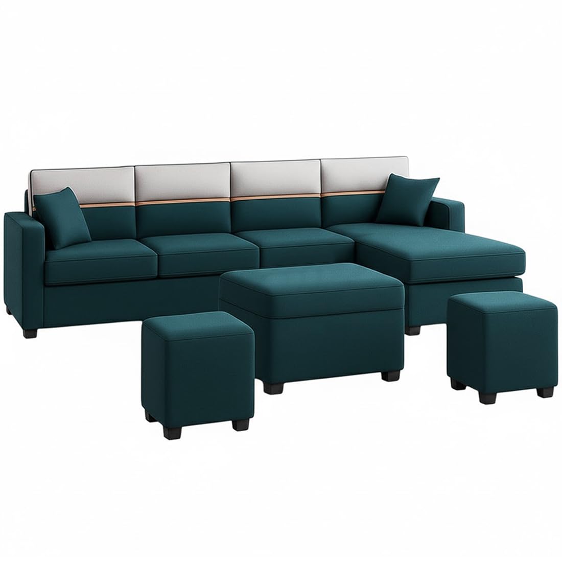 FURNY Arnoy 8 Seater Fabric RHS L Shape Sofa Set with 1 Centre Table & 2 Puffy (Greenish Teal) Premium Velvet Finish | Durable & Comfortable | Ideal for Living Room - Image 5
