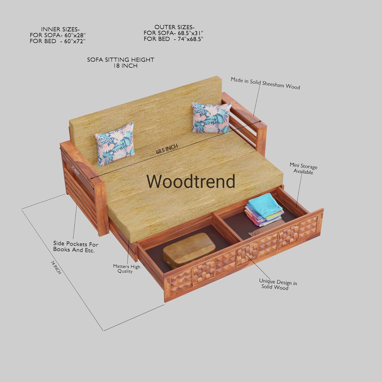 Solid Sheesham Wooden Sofa Cums Bed with Mattresses for Living Room|Rosewood 3-Person Sofa Cums Bed for Bedroom Without Pillow (C-Natural, 3 Seater) - Image 3