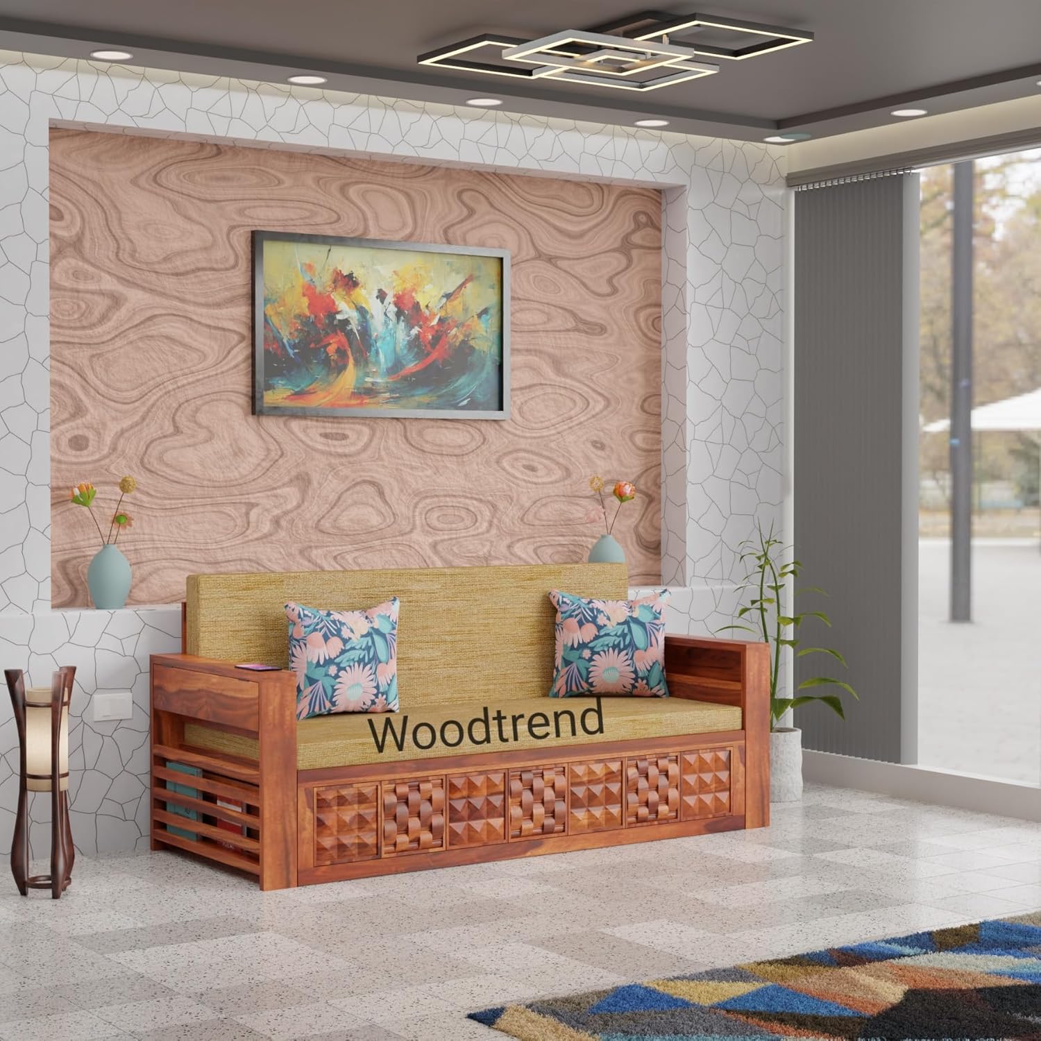 Solid Sheesham Wooden Sofa Cums Bed with Mattresses for Living Room|Rosewood 3-Person Sofa Cums Bed for Bedroom Without Pillow (C-Natural, 3 Seater) - Image 4