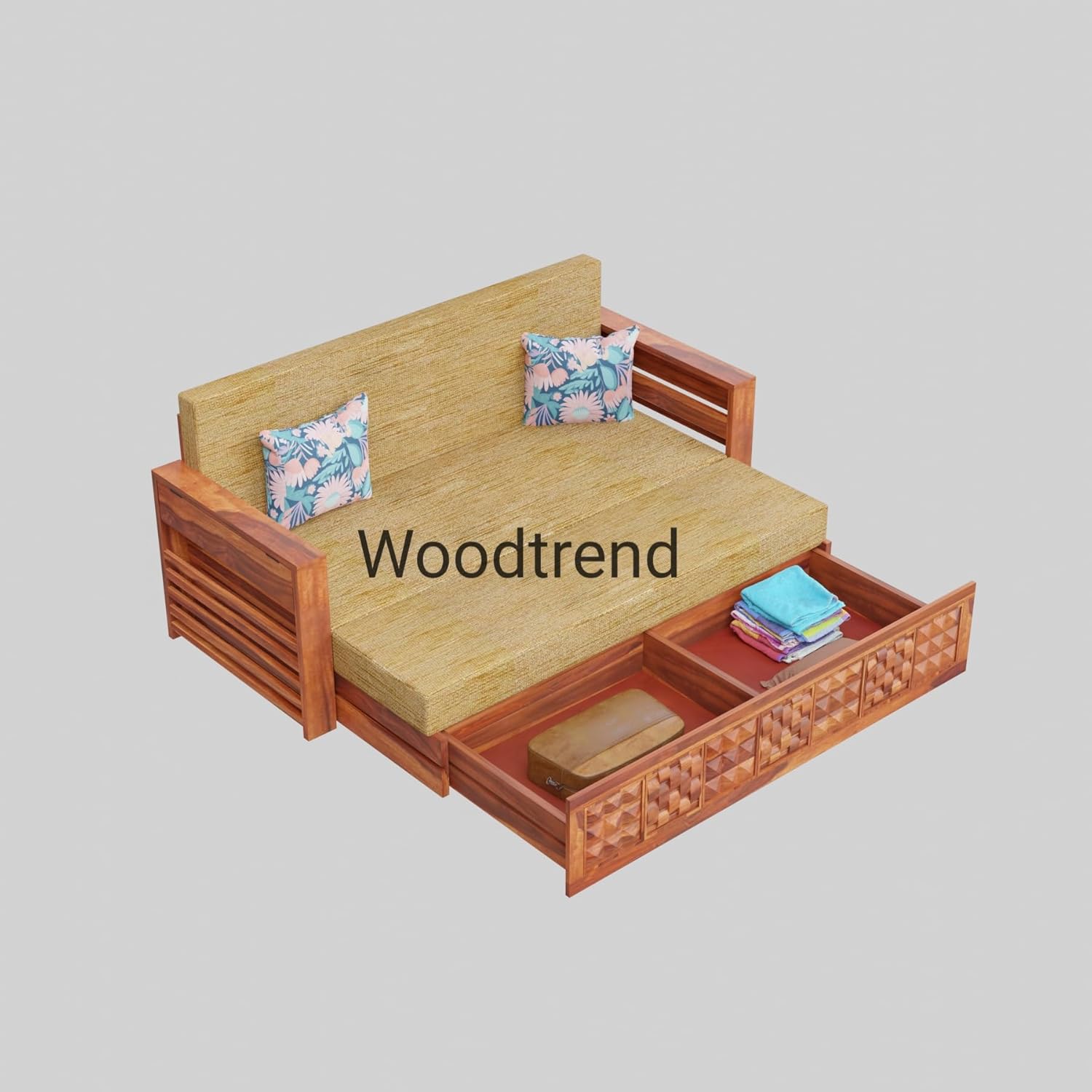 Solid Sheesham Wooden Sofa Cums Bed with Mattresses for Living Room|Rosewood 3-Person Sofa Cums Bed for Bedroom Without Pillow (C-Natural, 3 Seater) - Image 6