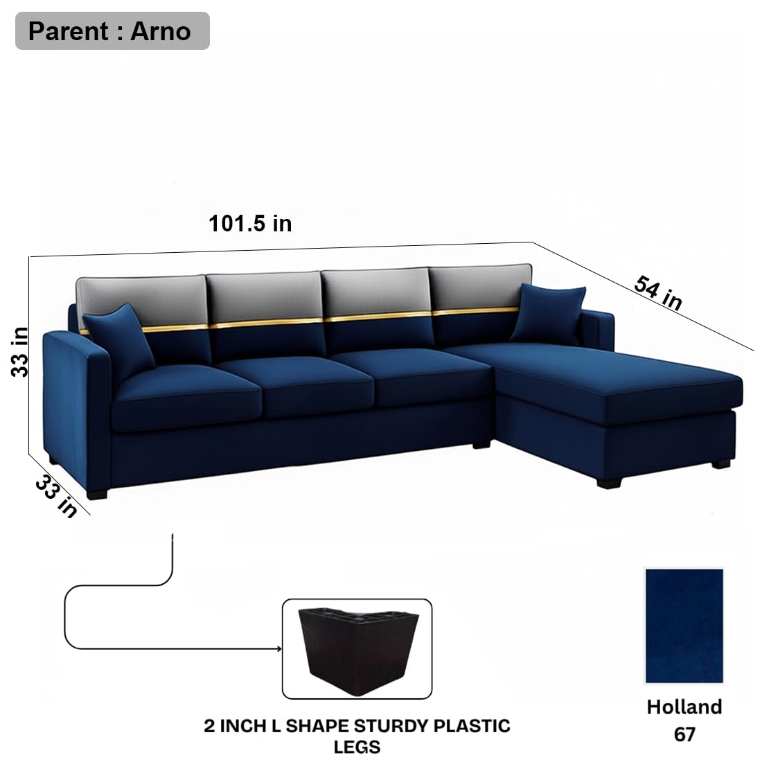 FURNY Arnoy 5 Seater Fabric RHS L Shape Sofa Set (Blue) | Premium Velvet Finish | Durable & Comfortable | Ideal for Living Room - Image 3