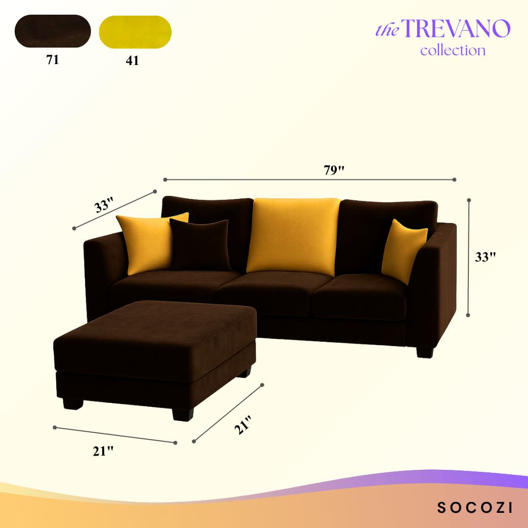 Trevano 3 Seater Modular L Shape Sofa Set with Ottoman | Soft Velvet Suede Fabric | Modern Design | Plush Comfort Cushions for Living Room (Dark Brown-Yellow) - Image 3