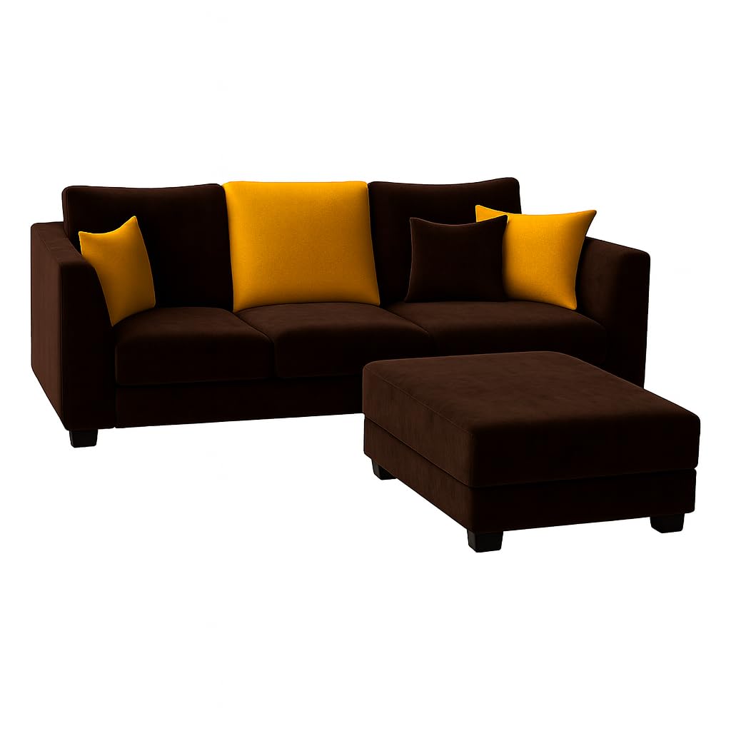 Trevano 3 Seater Modular L Shape Sofa Set with Ottoman | Soft Velvet Suede Fabric | Modern Design | Plush Comfort Cushions for Living Room (Dark Brown-Yellow) - Image 4