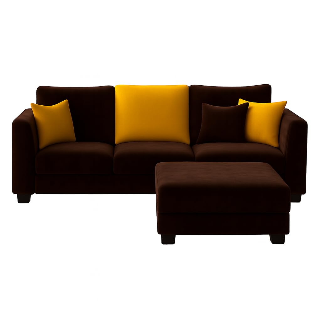 Trevano 3 Seater Modular L Shape Sofa Set with Ottoman | Soft Velvet Suede Fabric | Modern Design | Plush Comfort Cushions for Living Room (Dark Brown-Yellow) - Image 5