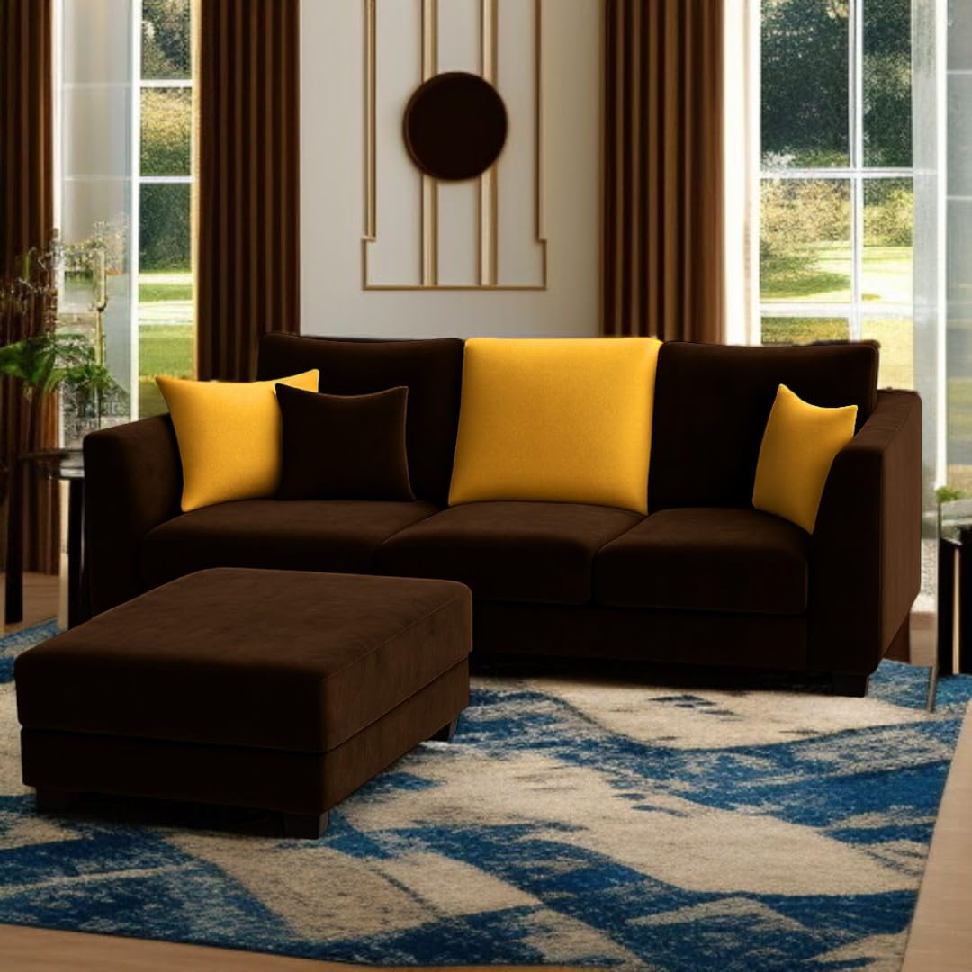 Trevano 3 Seater Modular L Shape Sofa Set with Ottoman | Soft Velvet Suede Fabric | Modern Design | Plush Comfort Cushions for Living Room (Dark Brown-Yellow) - Image 6