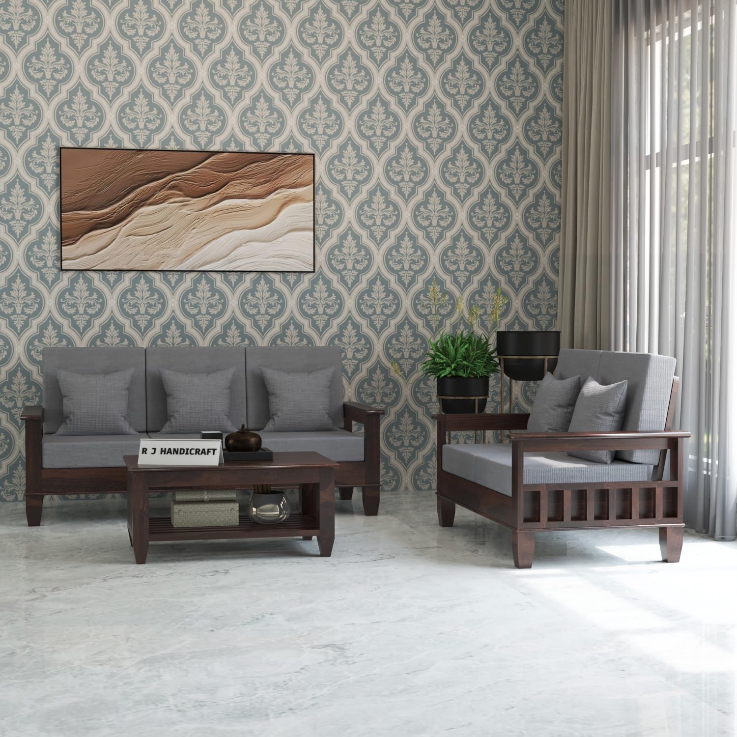 Sheesham Wooden 5 Seater Sofa Set for Living Room | Rosewood 5 Seater Cushion Sofa Set with Side Newspaper Holder for Home & Office | Solid Wood Sofa for Lounge (Walnut, 3+2 Seater) - Image 4