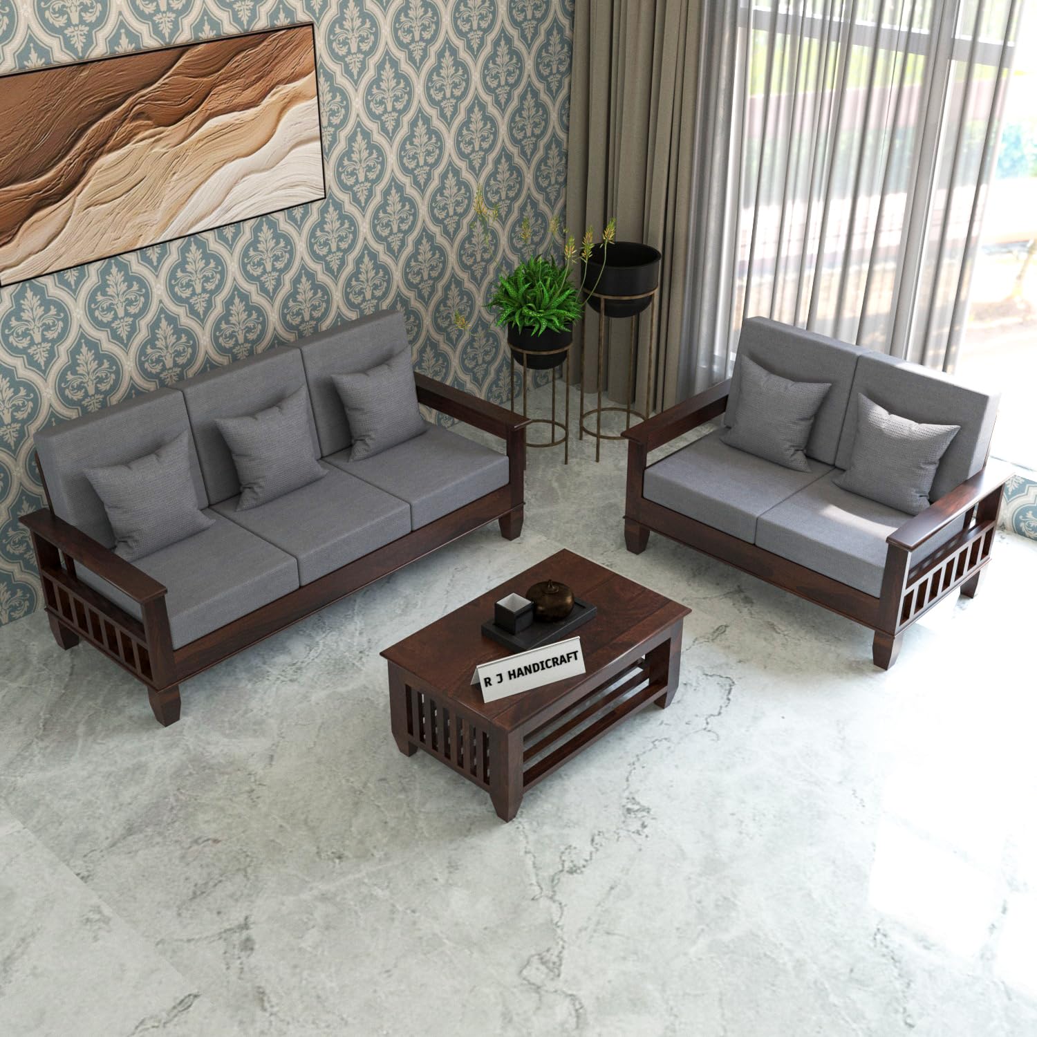 Sheesham Wooden 5 Seater Sofa Set for Living Room | Rosewood 5 Seater Cushion Sofa Set with Side Newspaper Holder for Home & Office | Solid Wood Sofa for Lounge (Walnut, 3+2 Seater) - Image 5