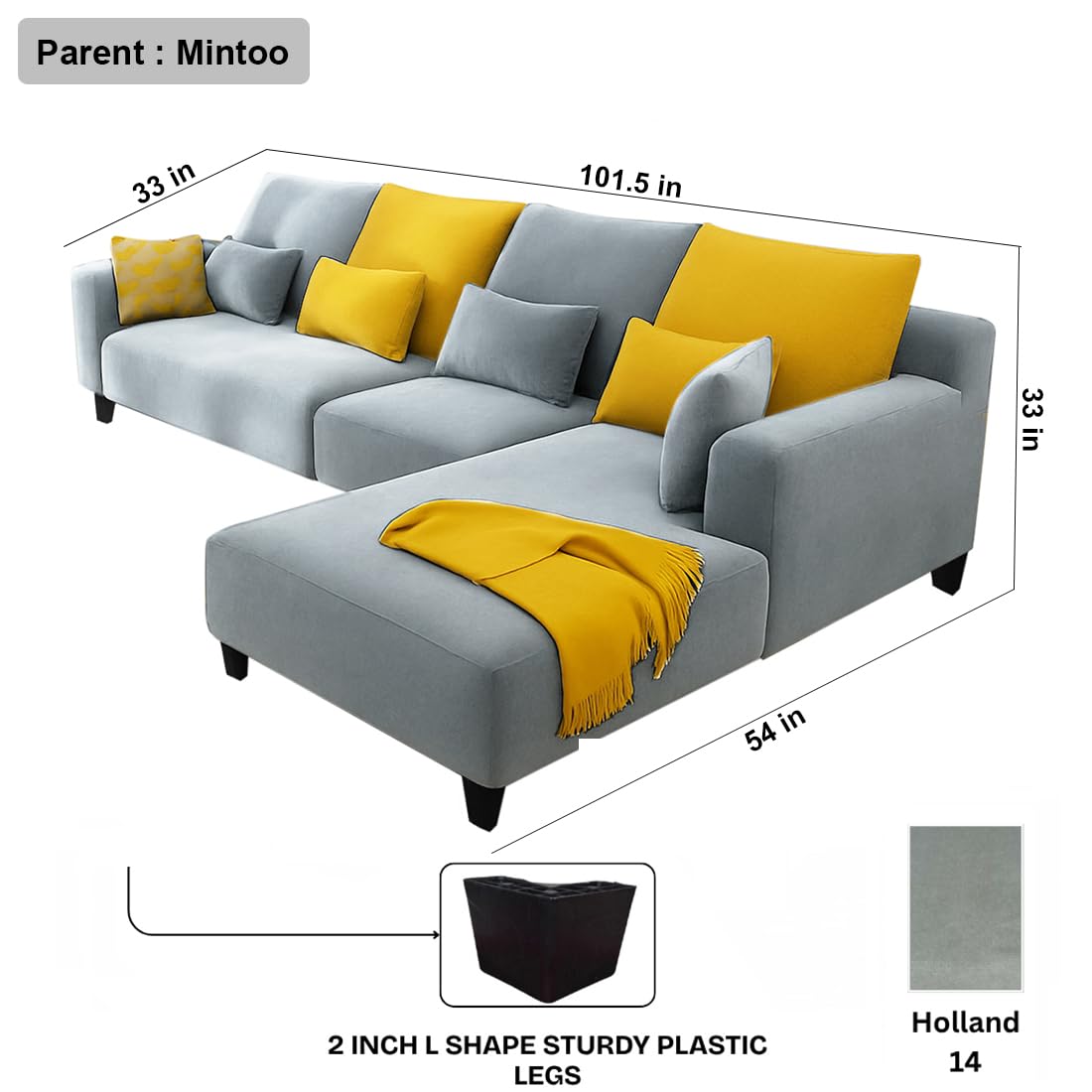 FURNY Mintora 6 Seater Fabric RHS L Shape Sofa Set (Light Grey) with Extra Cushions | Premium Velvet Finish | Ideal for Living Room - Image 3