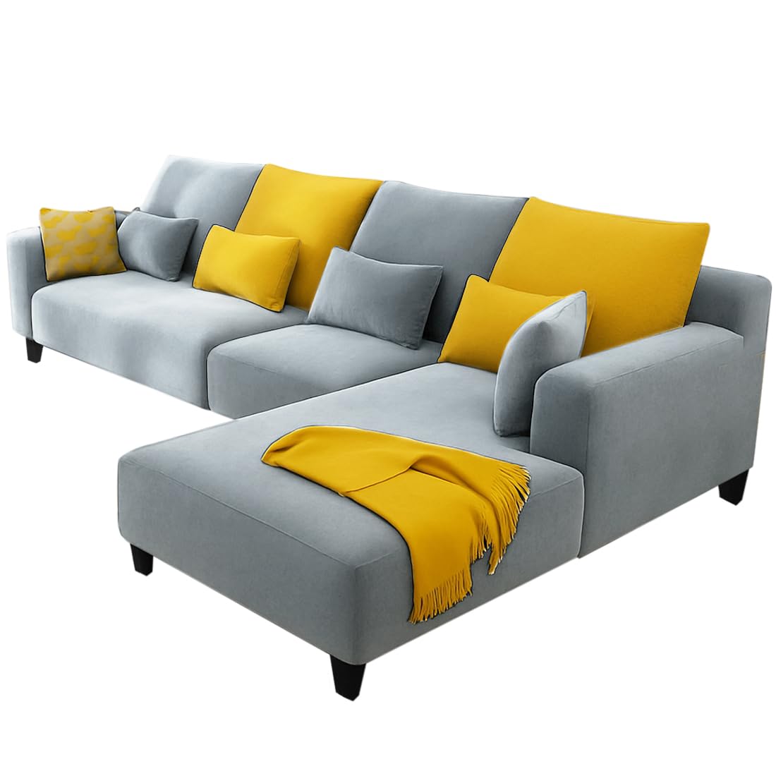 FURNY Mintora 6 Seater Fabric RHS L Shape Sofa Set (Light Grey) with Extra Cushions | Premium Velvet Finish | Ideal for Living Room - Image 4