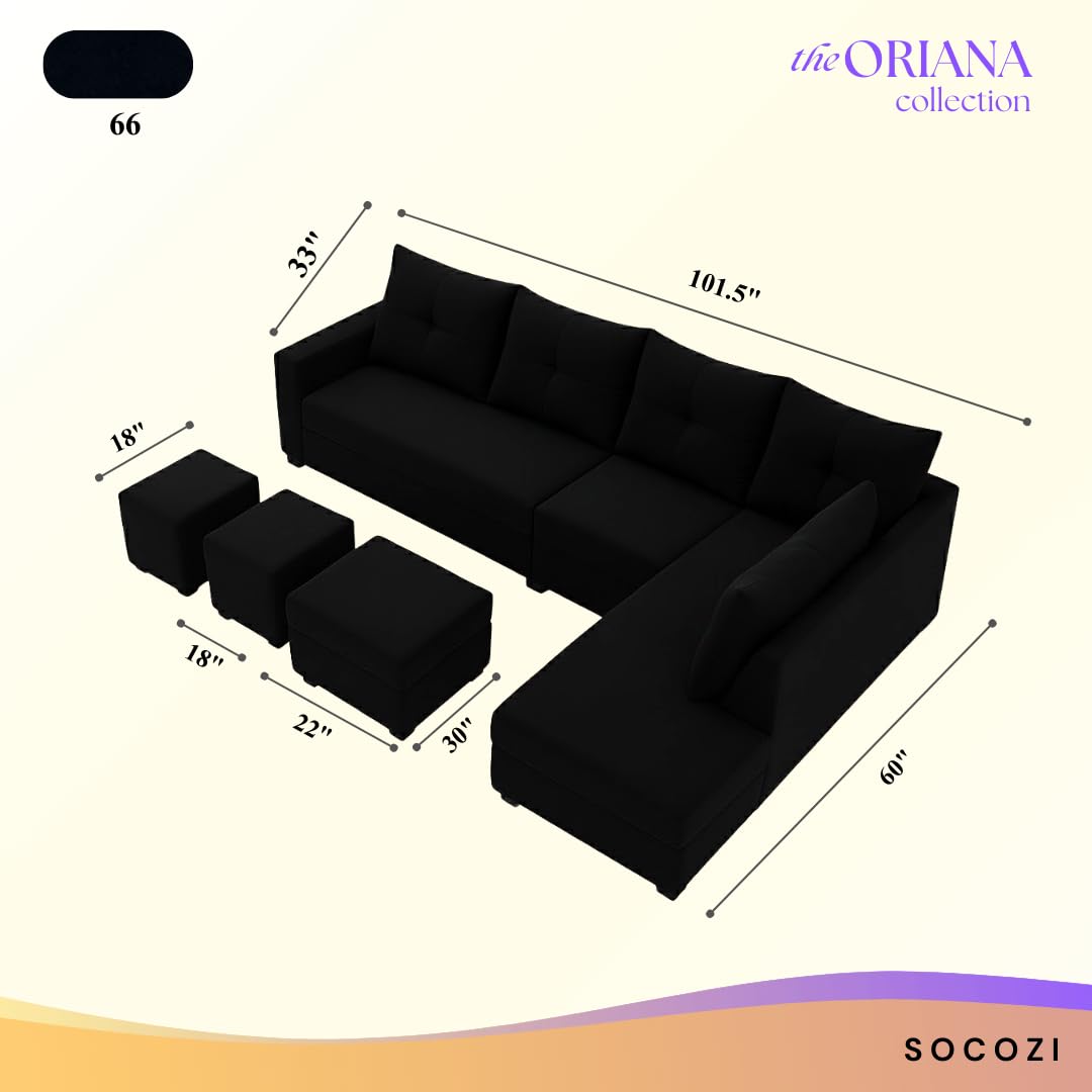 Oriana 8 Seater RHS L Shape Sofa Set | Velvet Suede Fabric L Shape Sofa for Livingroom with 2 Ottoman & Centre Table (Black) - Image 3