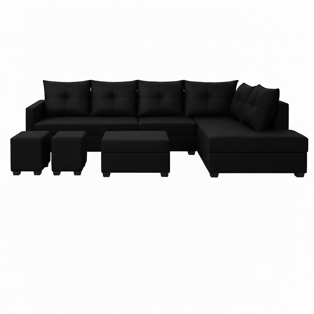 Oriana 8 Seater RHS L Shape Sofa Set | Velvet Suede Fabric L Shape Sofa for Livingroom with 2 Ottoman & Centre Table (Black) - Image 4